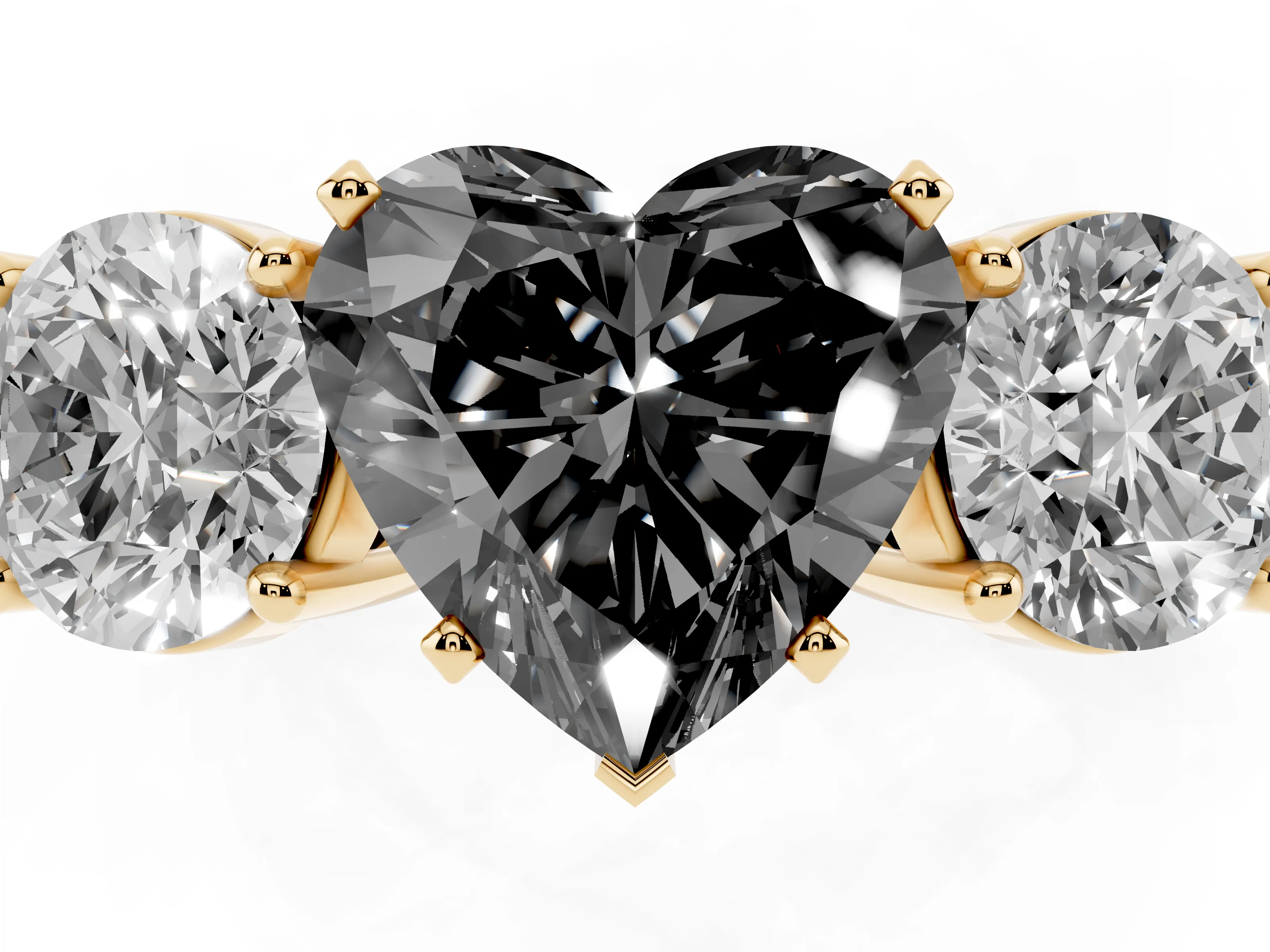 Fancy Black Heart Cut Diamond Three-Stone Ring Set in Yellow gold with Round Side Stones and Classic Band