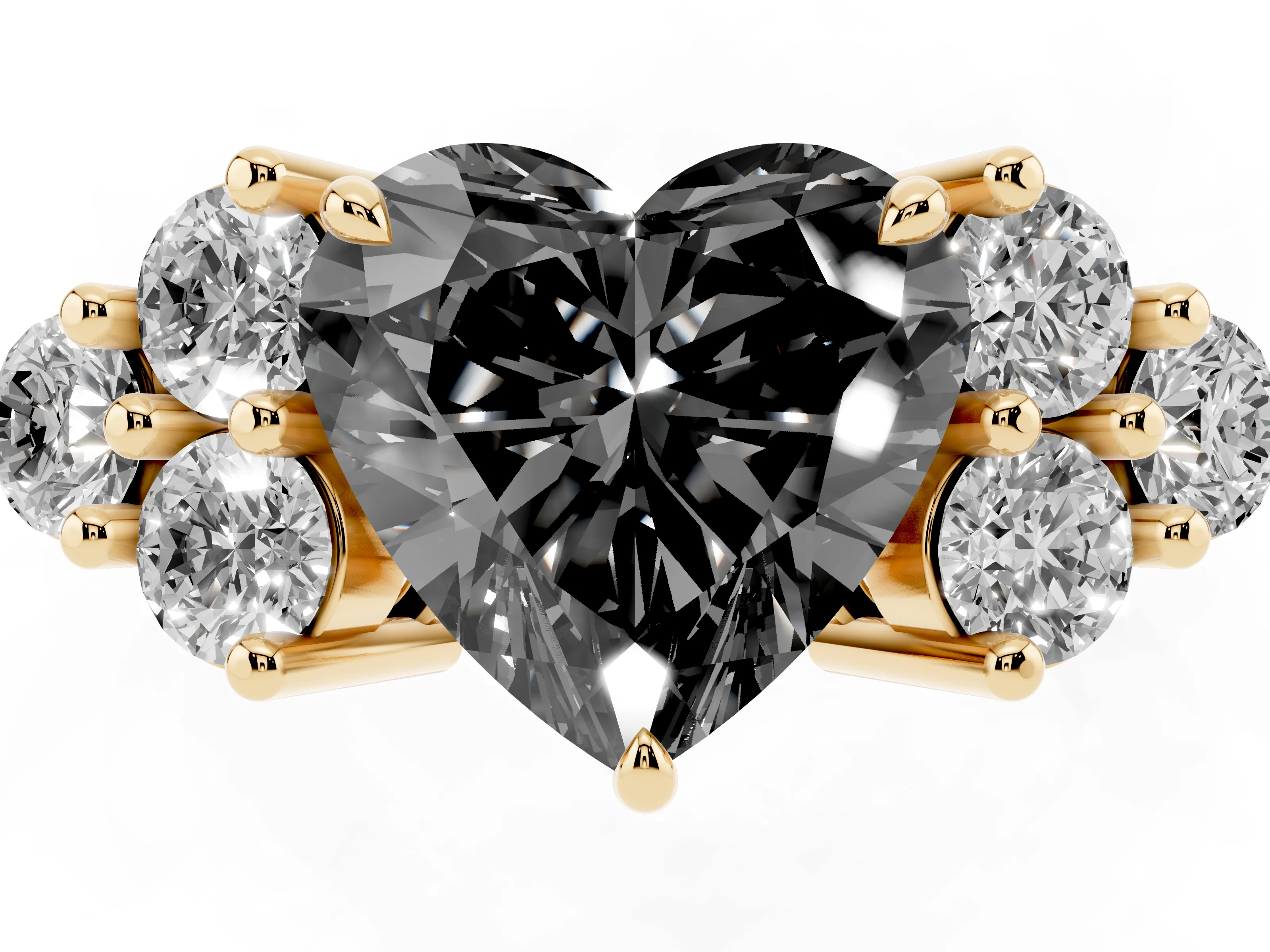 Fancy Black Heart Cut Diamond Solitaire Ring Set in Yellow gold with Cluster Accents on Each Side