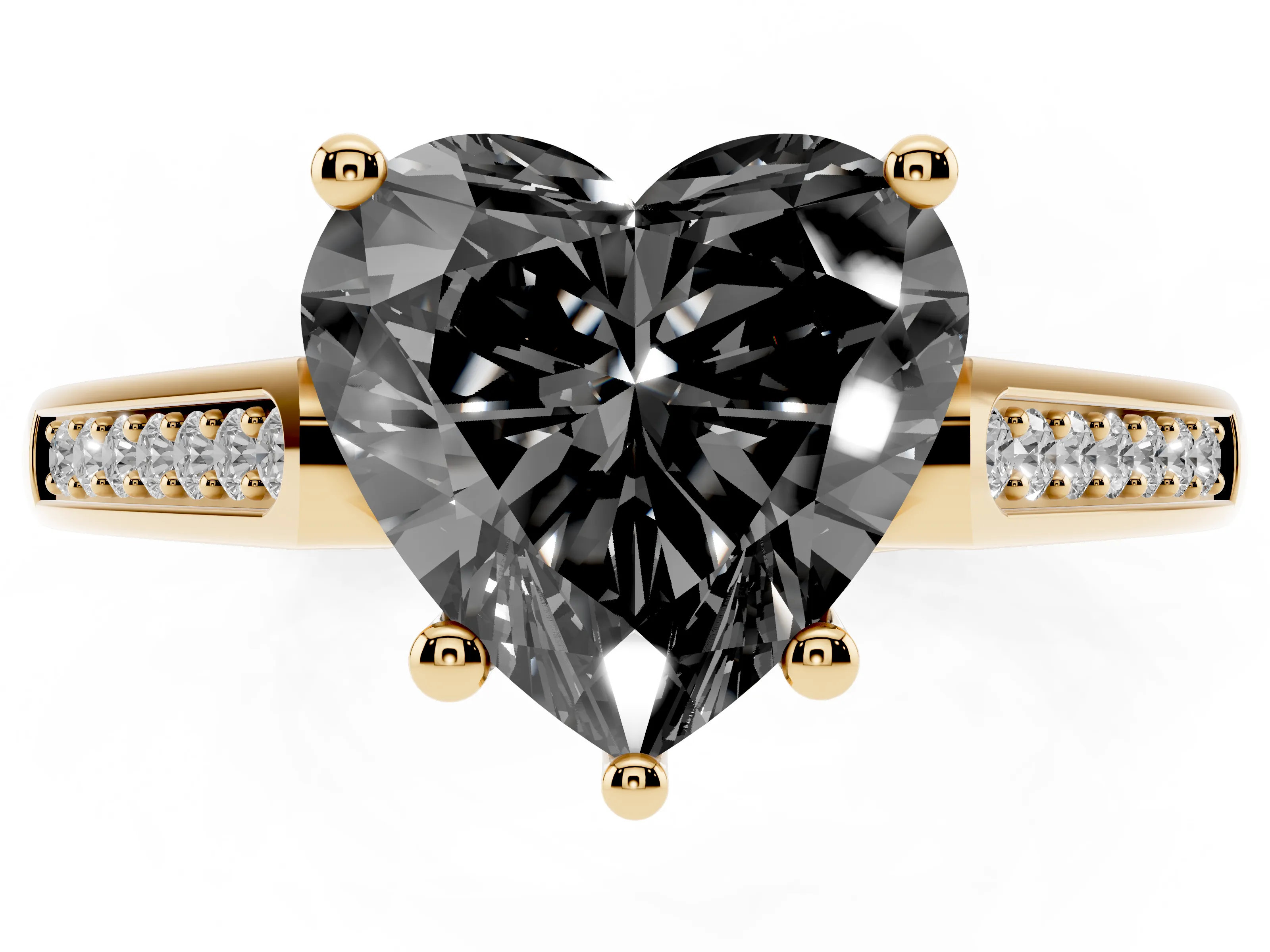 Fancy Black Heart Cut Diamond Solitaire Cathedral Engagement Ring Set in Yellow gold with Channel-Set Band and Prong Setting