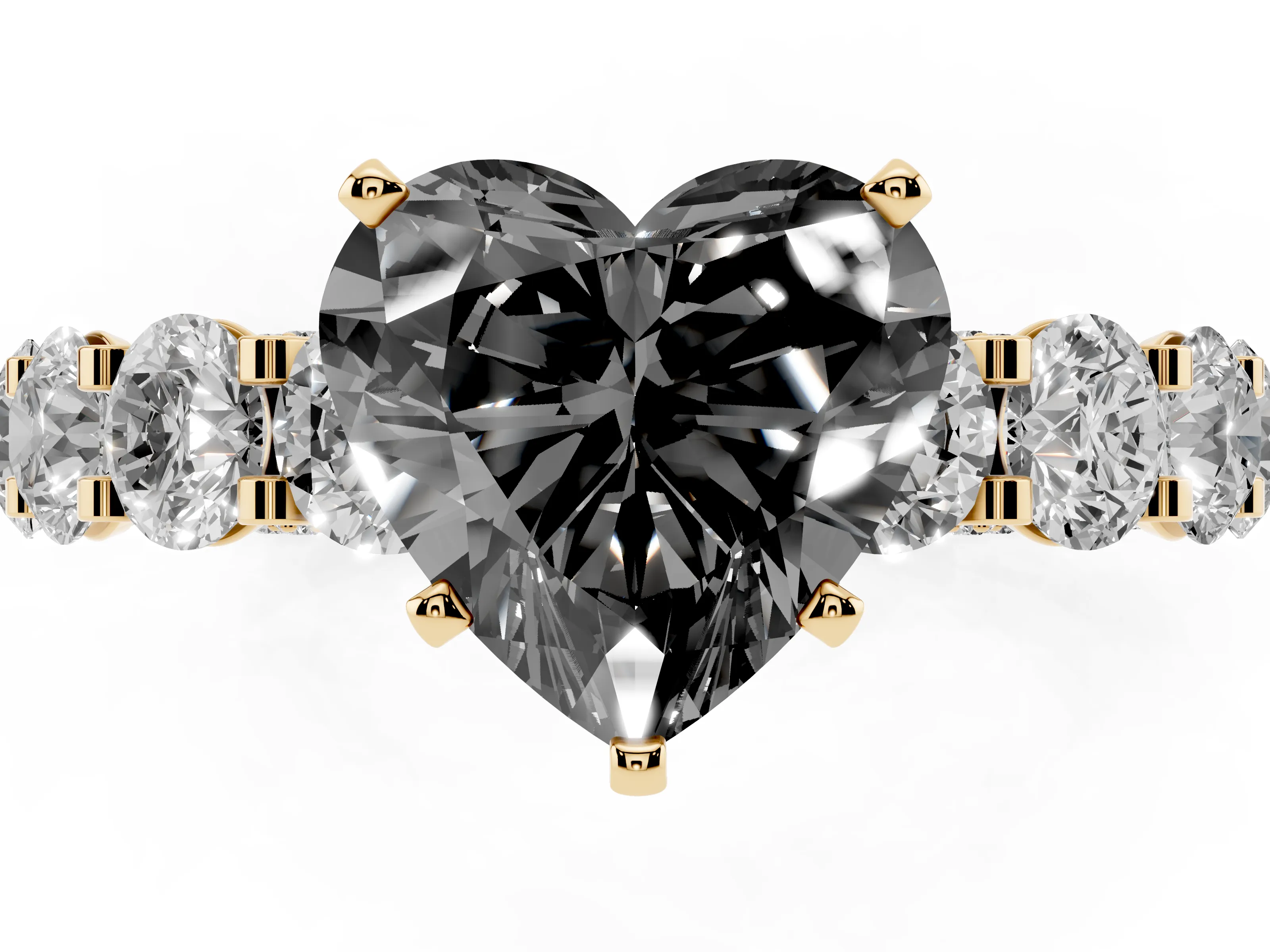 Fancy Black Heart Cut Diamond Side Stone Ring Set in Yellow gold with Alternating Round and Oval Side Stones