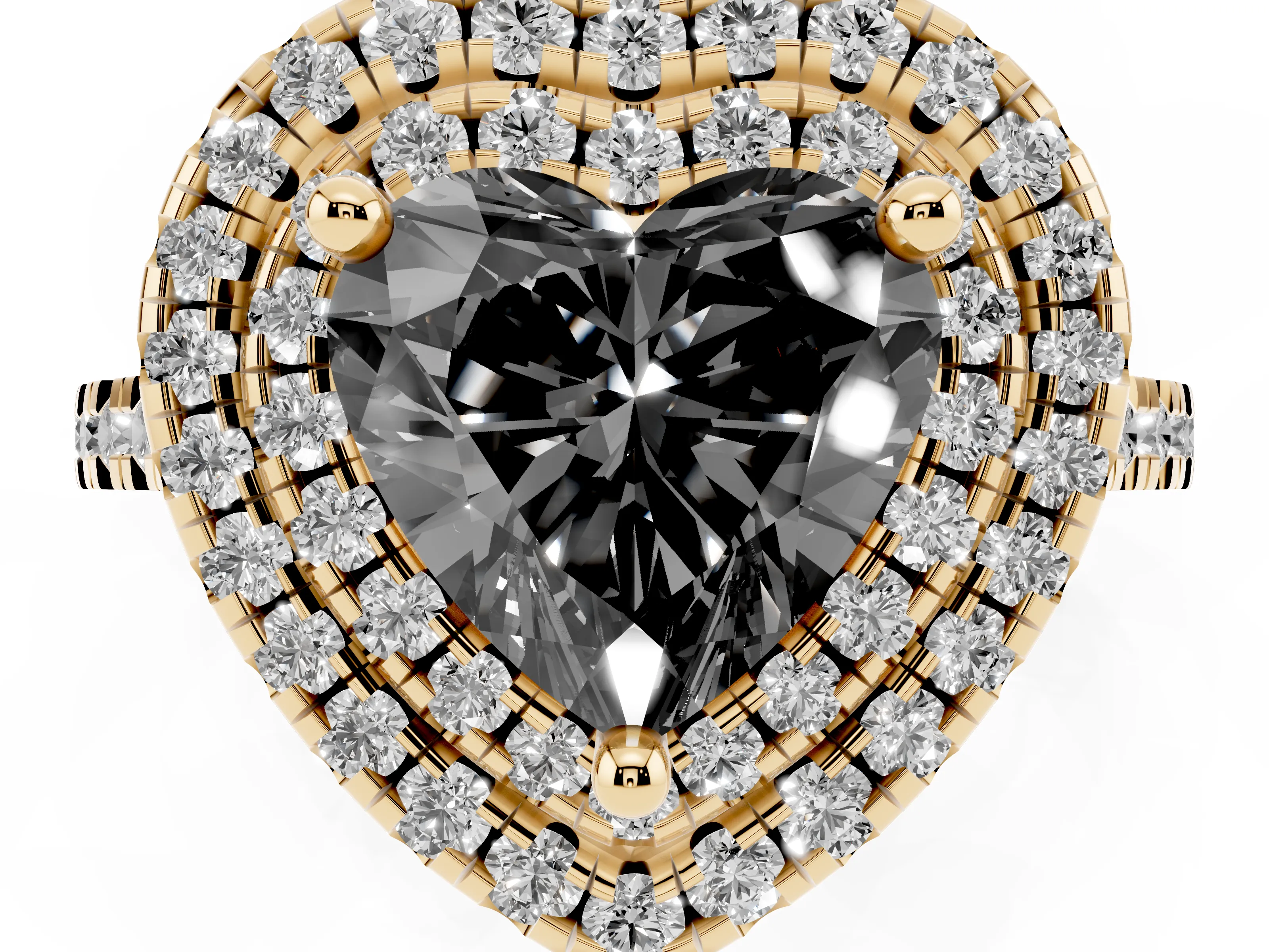 Fancy Black Heart Cut Diamond Double Halo Statement Ring Set in Yellow gold with Pavé Band