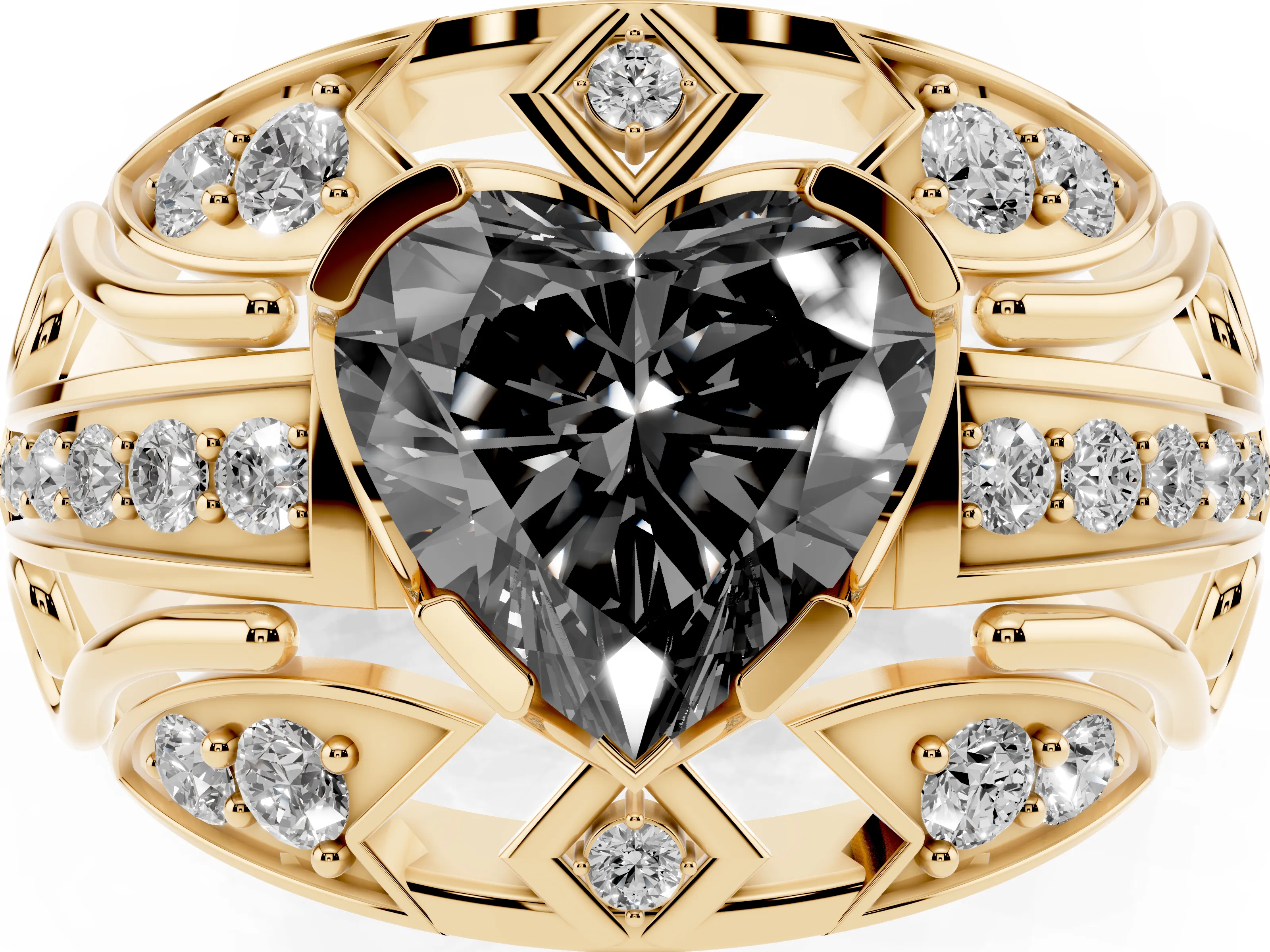 Fancy Black Heart Cut Diamond Art Deco Ring Set in Yellow gold with Pavé Split Shank