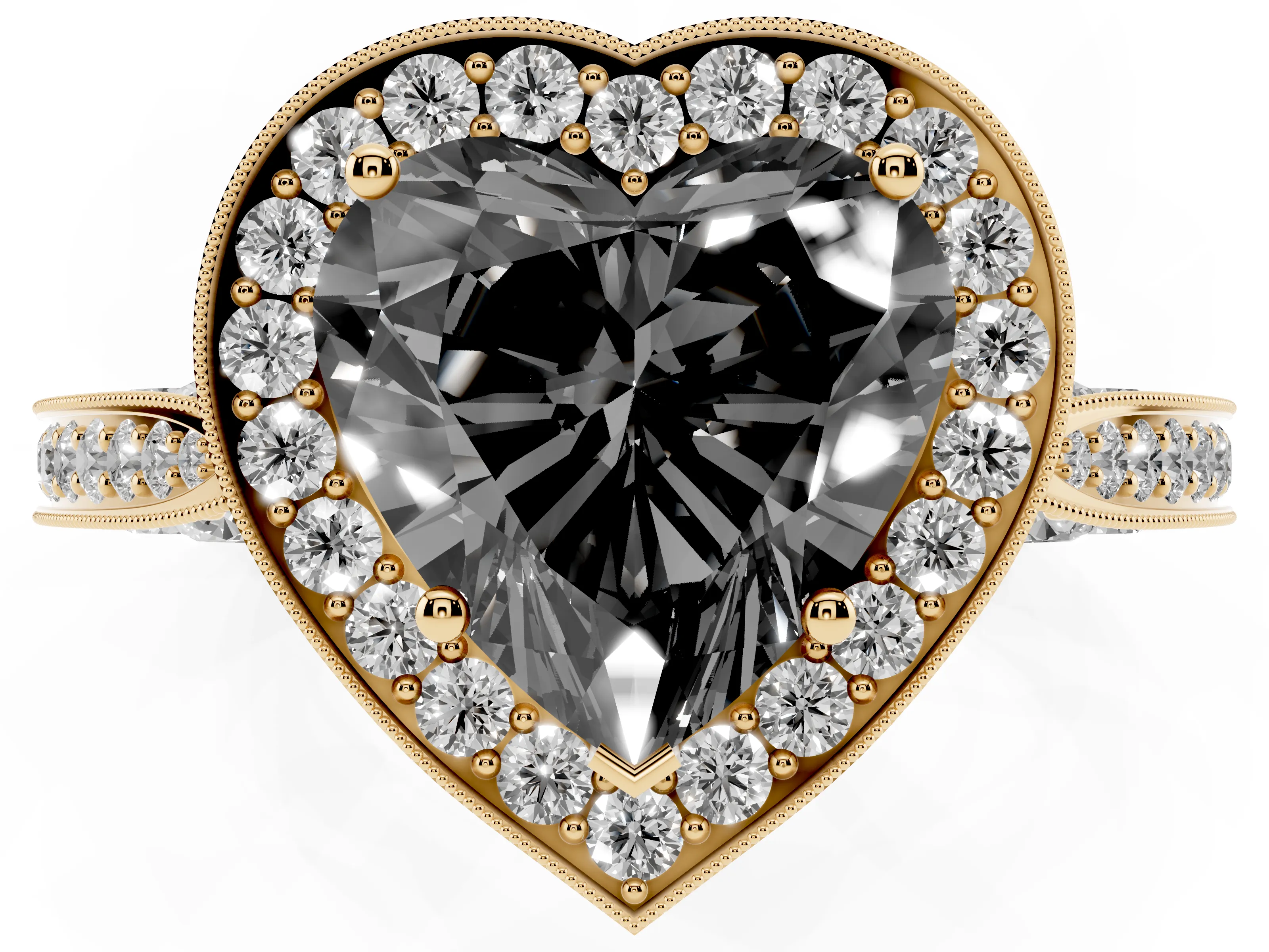 Fancy Black Heart Cut Diamond Halo Engagement Ring Set in Yellow gold with Accent Split Shank Band