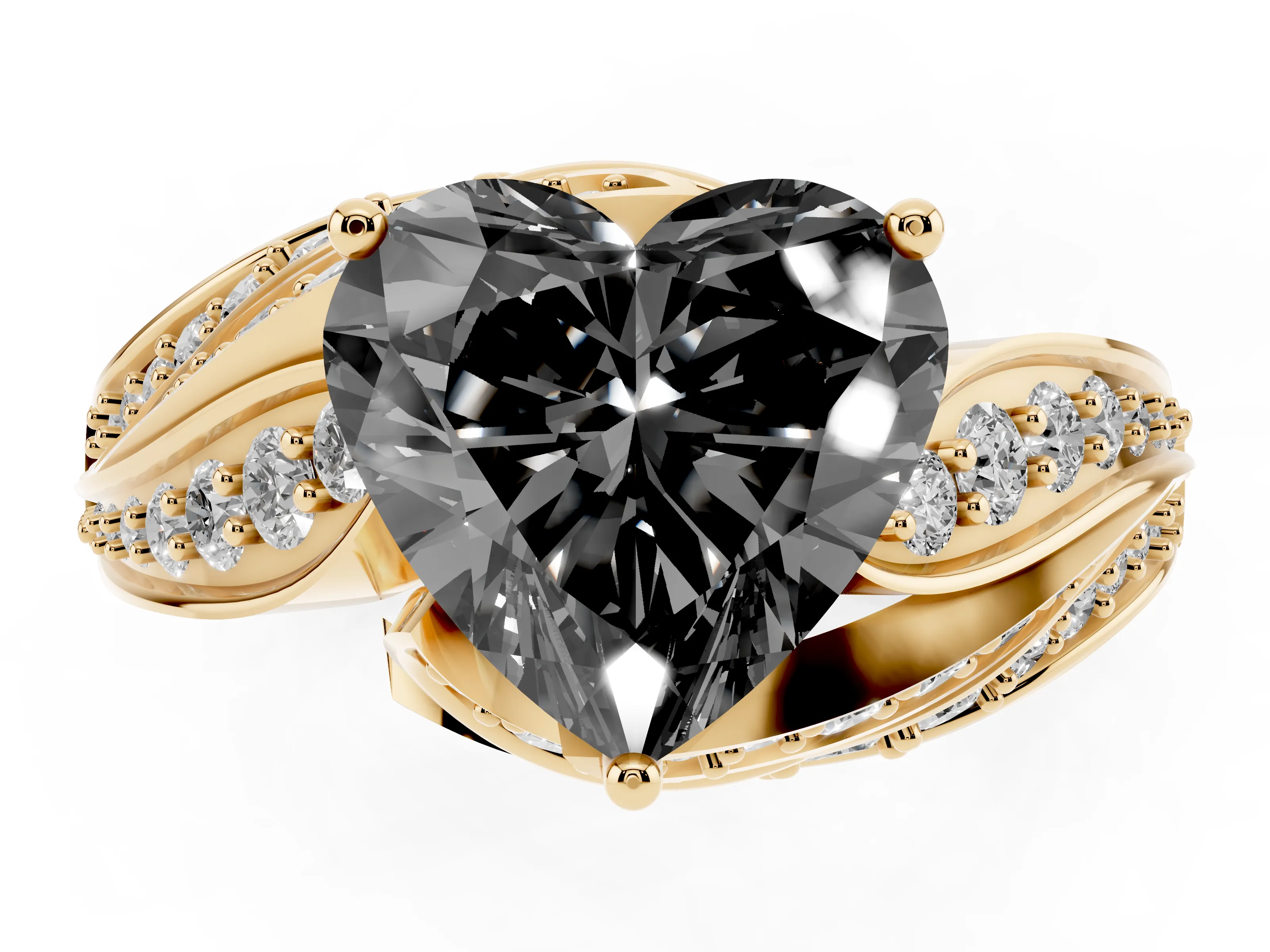 Fancy Black Heart Cut Diamond Solitaire Ring Set in Yellow gold with Layered Twist Pavé Band