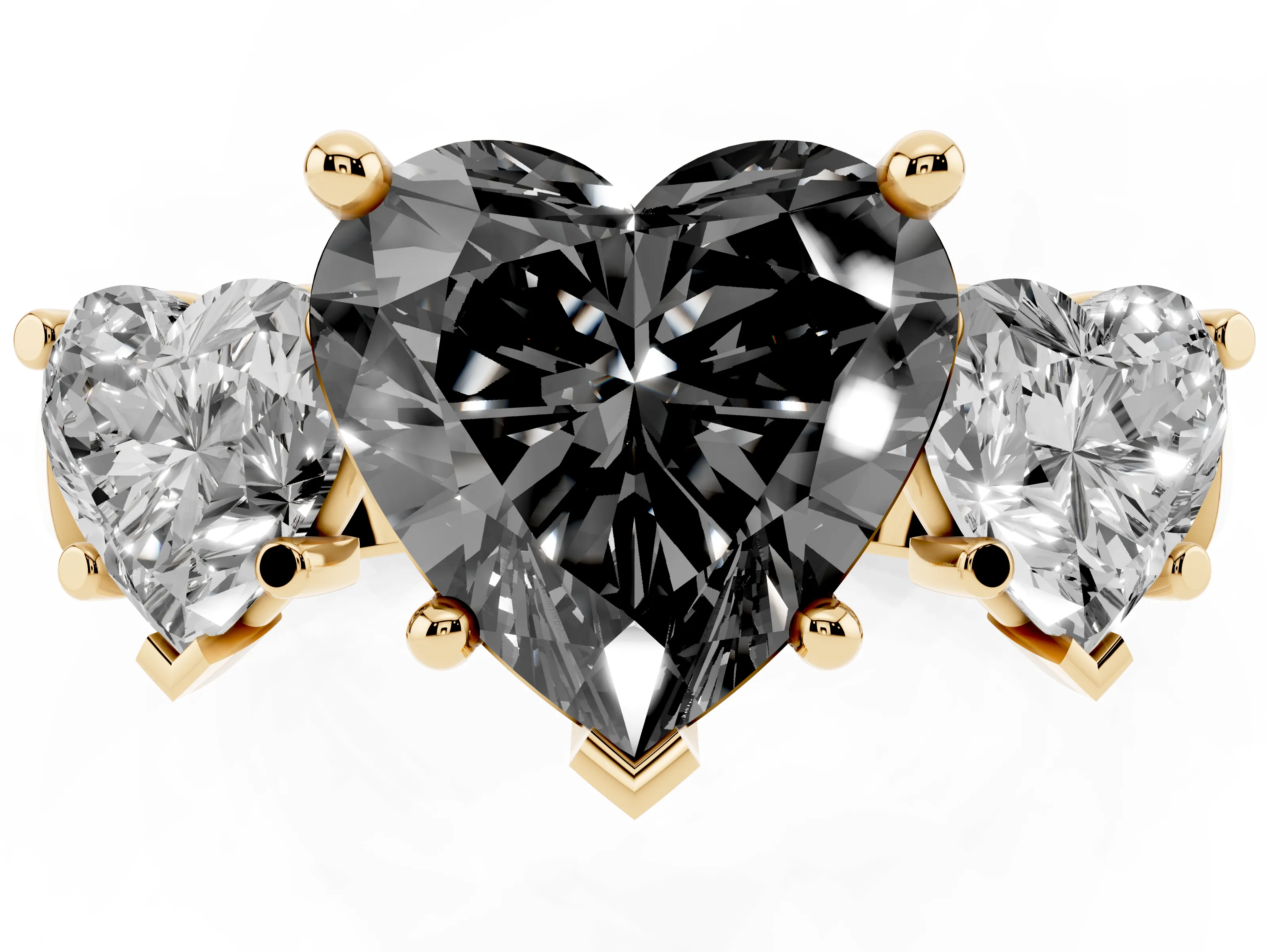 Fancy Black Heart Cut Diamond Three-Stone Trellis Ring Set in Yellow gold with Comfort Fit Band
