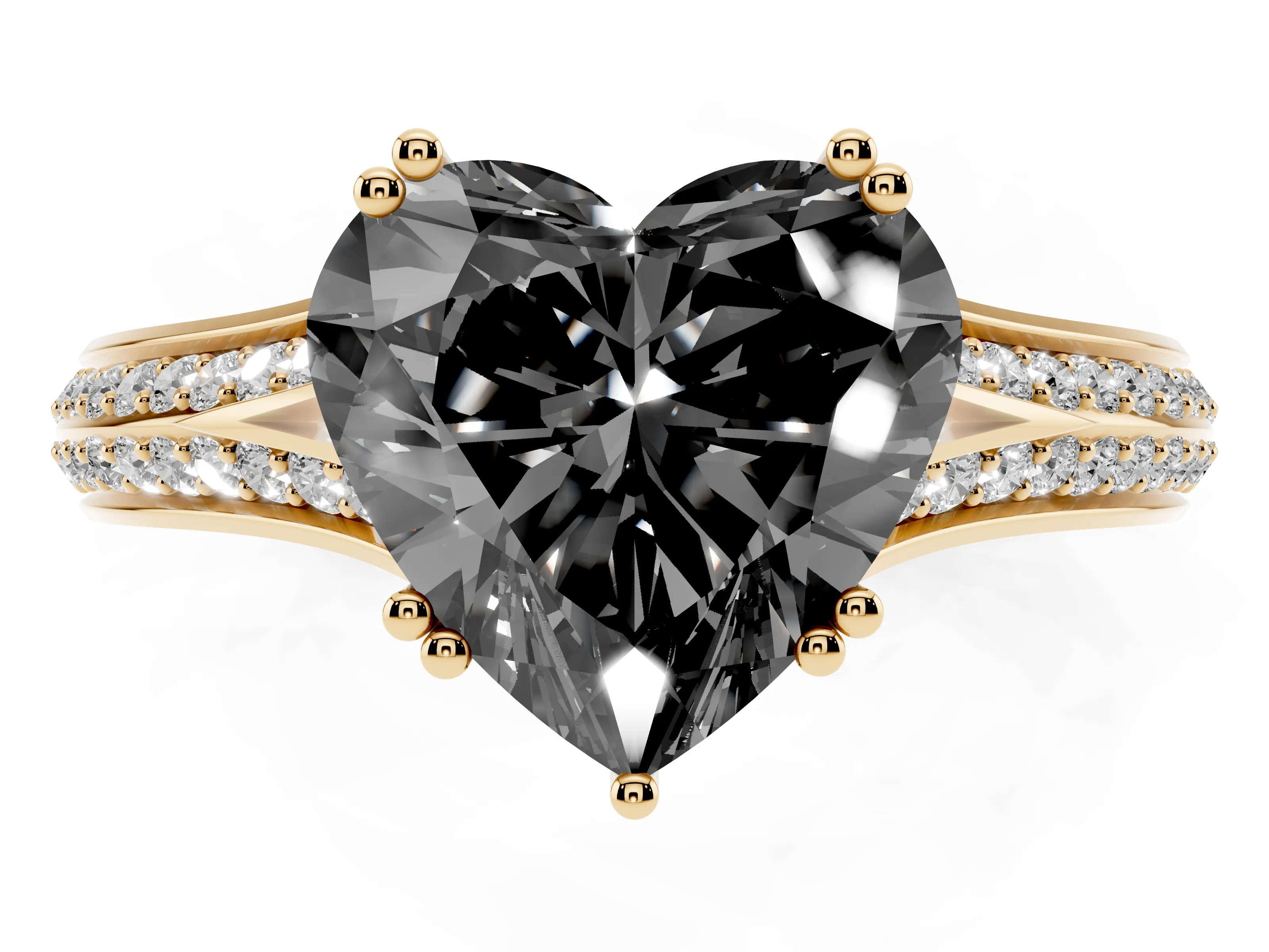 Fancy Black Heart Cut Diamond Split Shank Pavé Engagement Ring Set in Yellow gold with Prong-Set Center Stone
