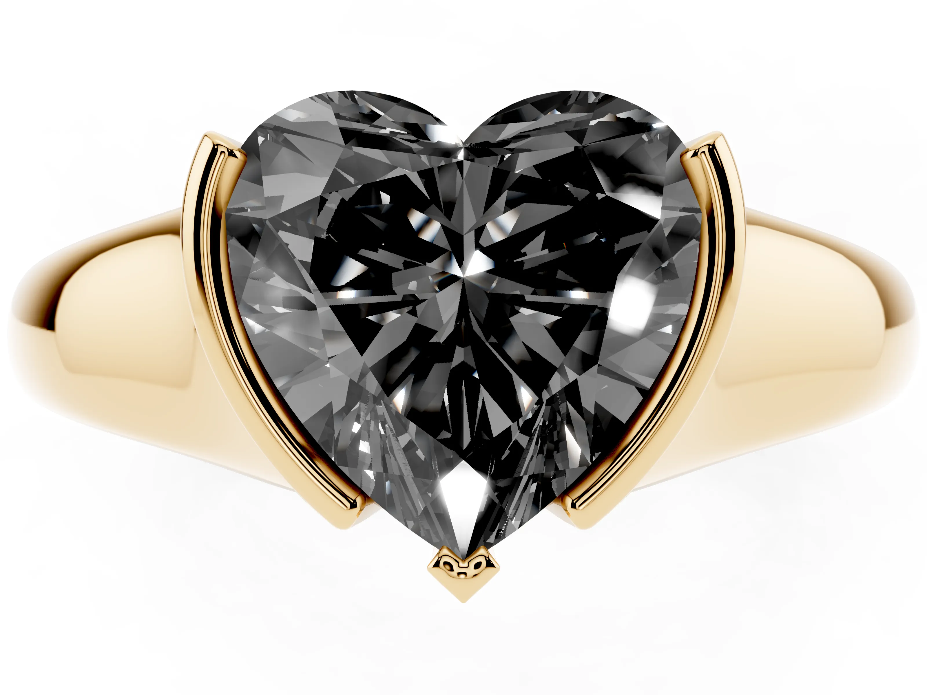 Fancy Black Heart Cut Diamond Solitaire Tension Set Ring Set in Yellow gold with Split Shank Band