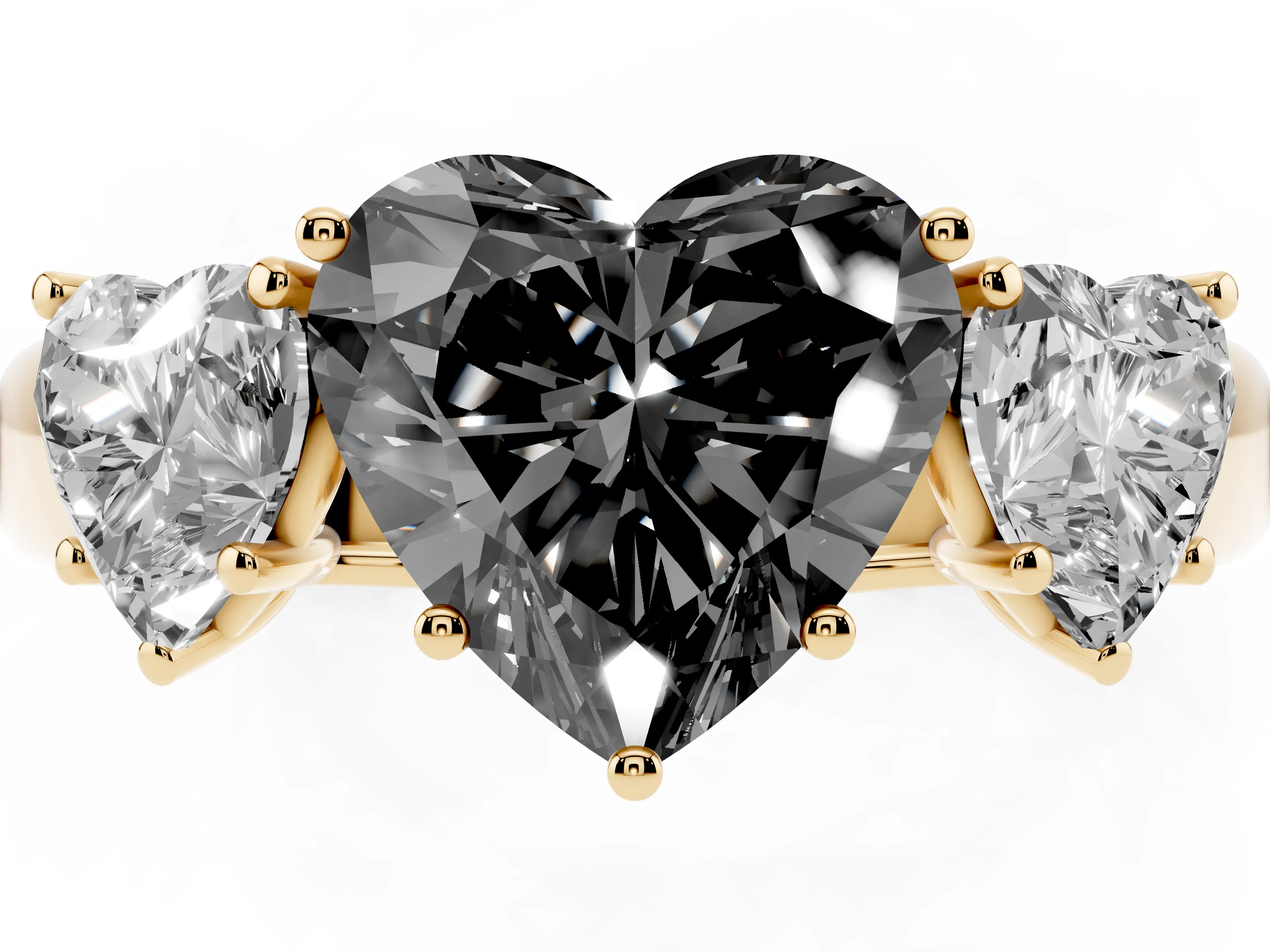 Fancy Black Three-Stone Heart Cut Diamond Ring Set in Yellow gold with Matching Prong Settings and Plain Band