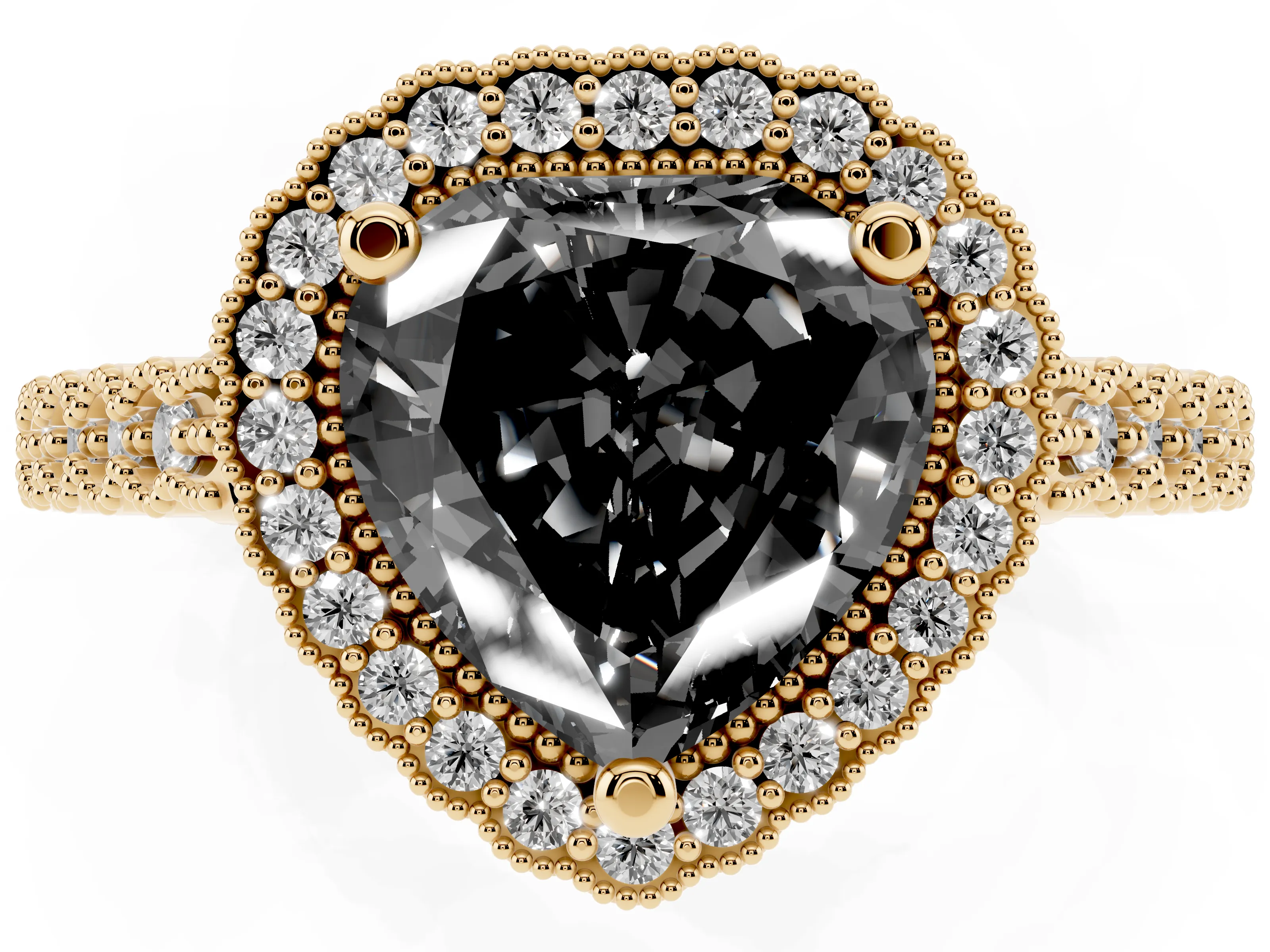 Fancy Black Heart Cut Diamond Halo Ring Set in Yellow gold with Pavé Milgrain Band