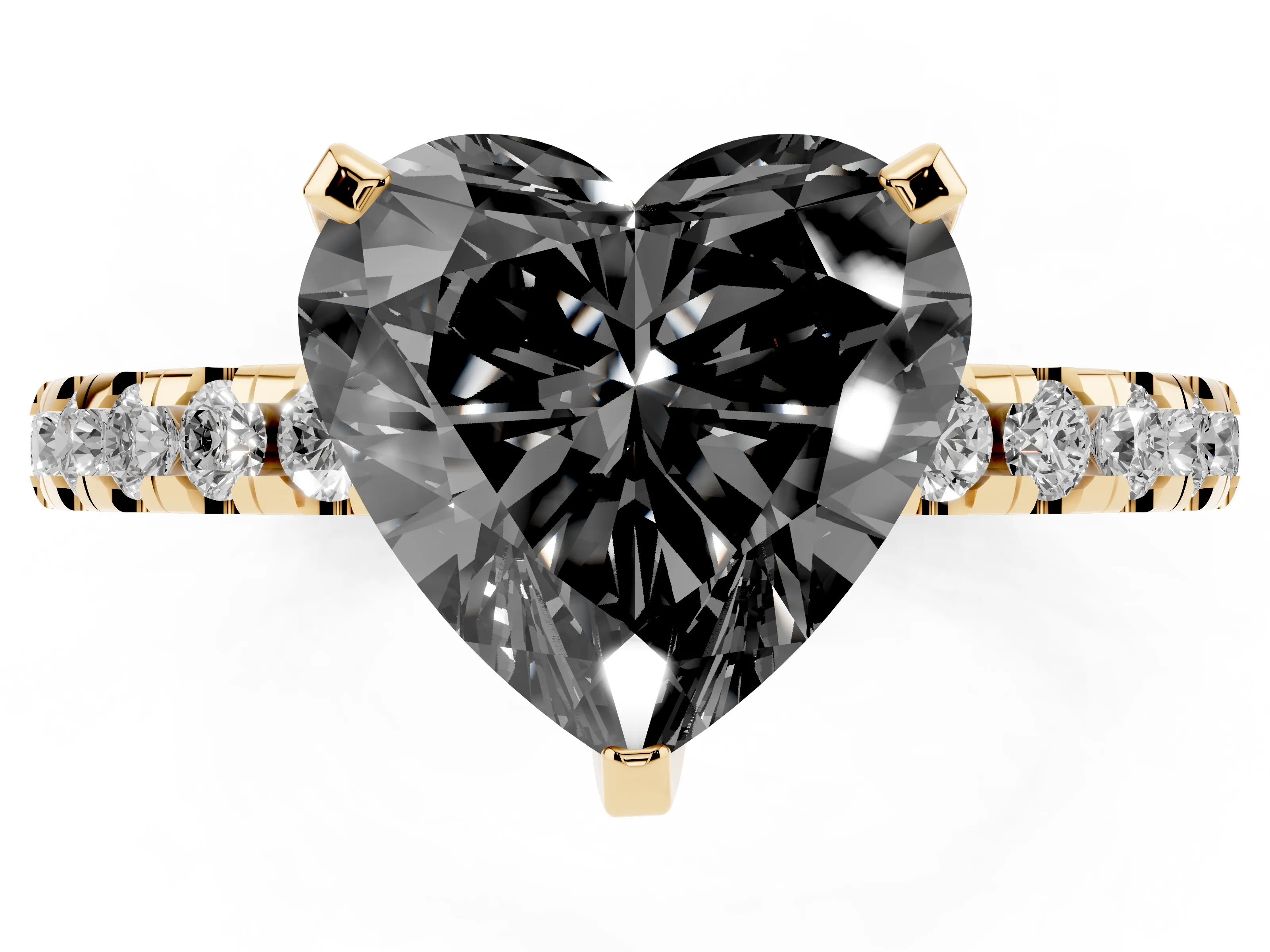 Fancy Black Heart Cut Diamond Pavé Solitaire Ring Set in Yellow gold with Round Band Accents and Prong Setting