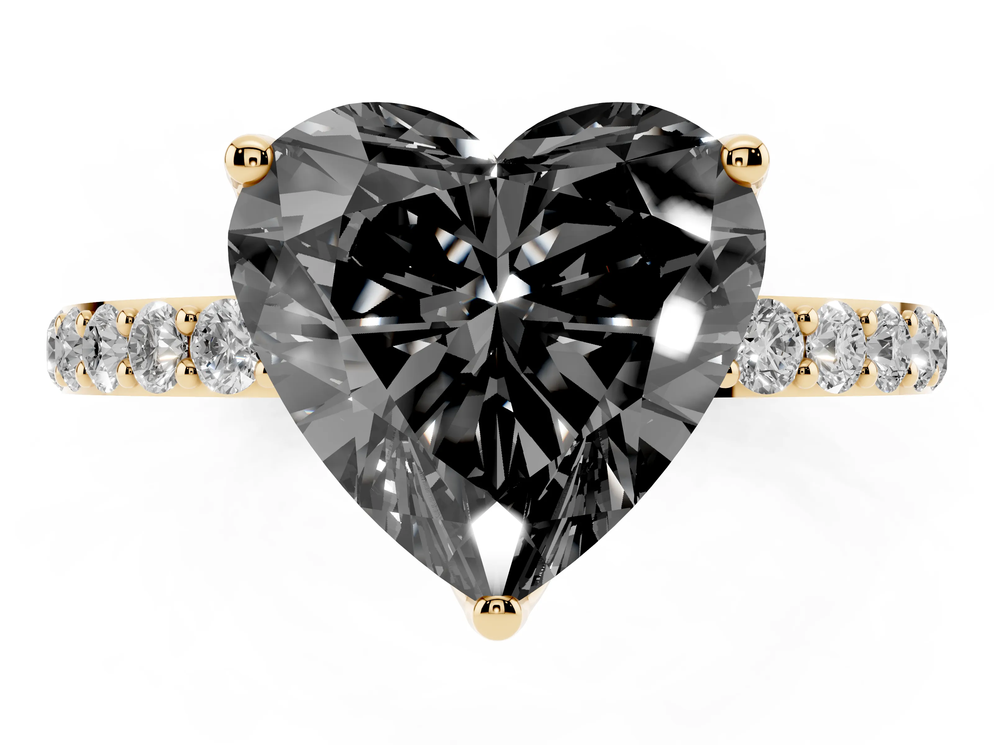 Fancy Black Heart Cut Diamond Solitaire Engagement Ring Set in Yellow gold with Round Pavé Band and Prong Setting
