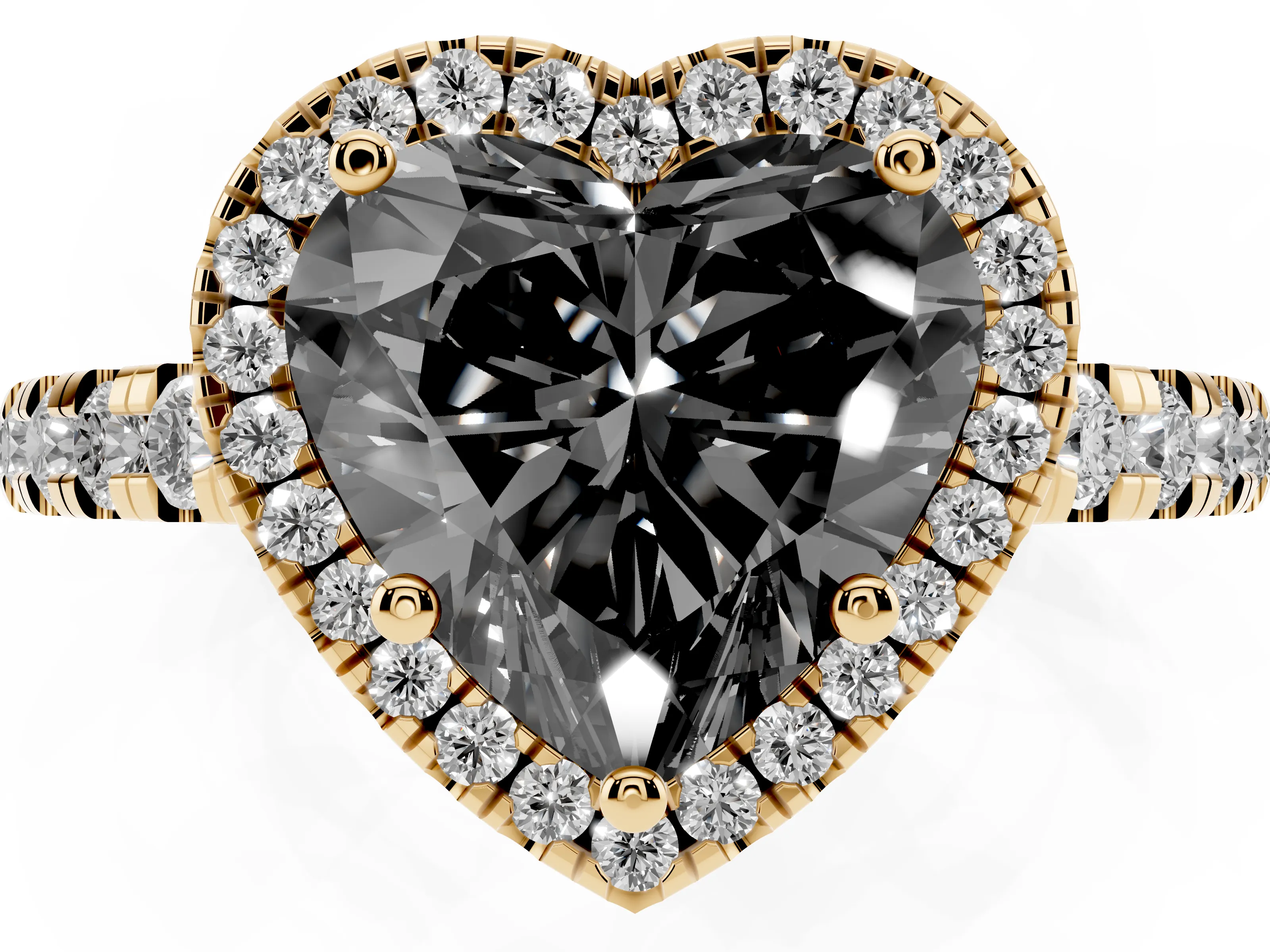 Fancy Black Heart Cut Diamond Halo Ring Set in Yellow gold with Delicate Pavé Band and Prong Setting