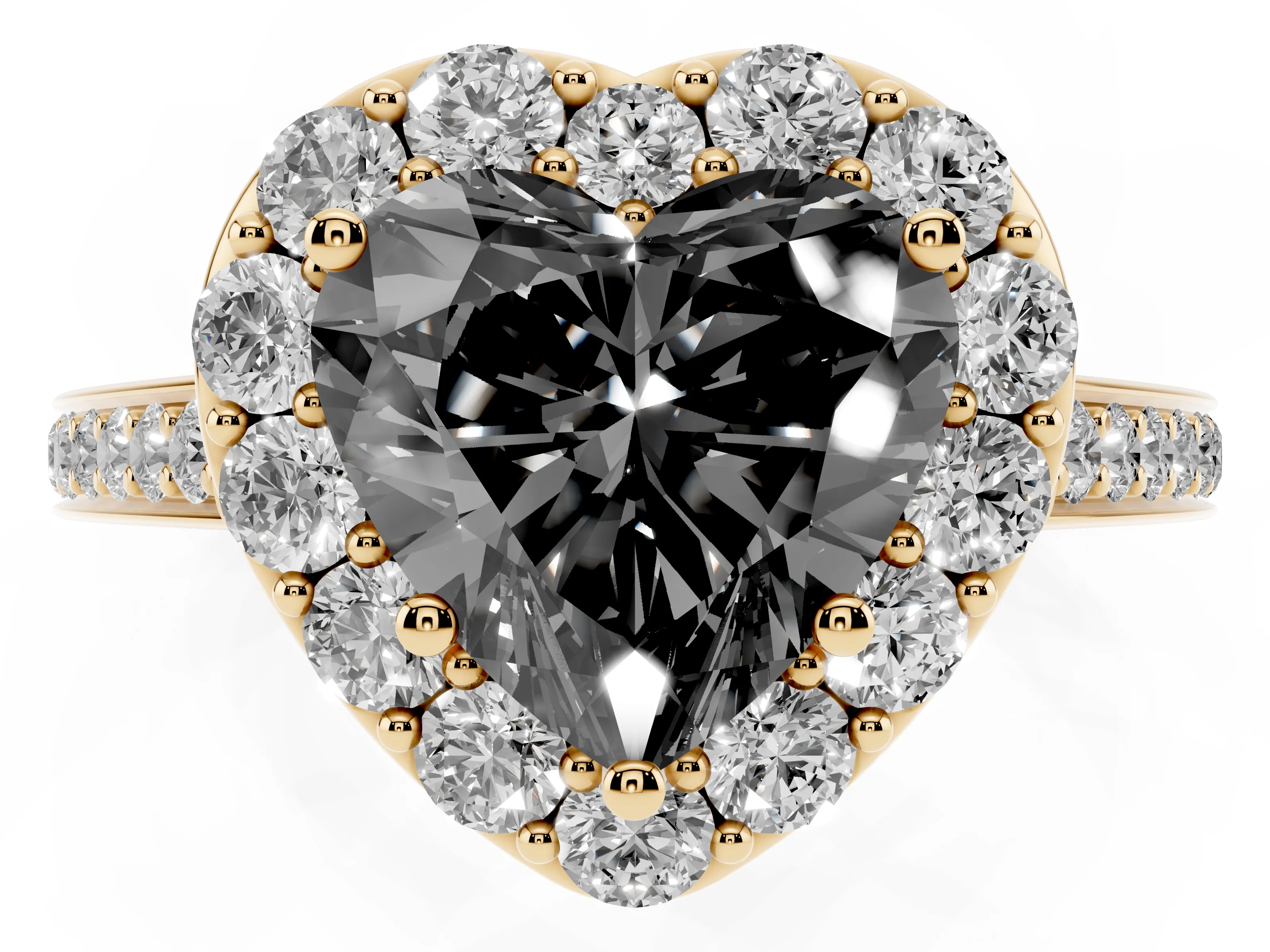 Fancy Black Heart Cut Diamond Floral Halo Ring Set in Yellow gold with Pavé Band and Prong Setting