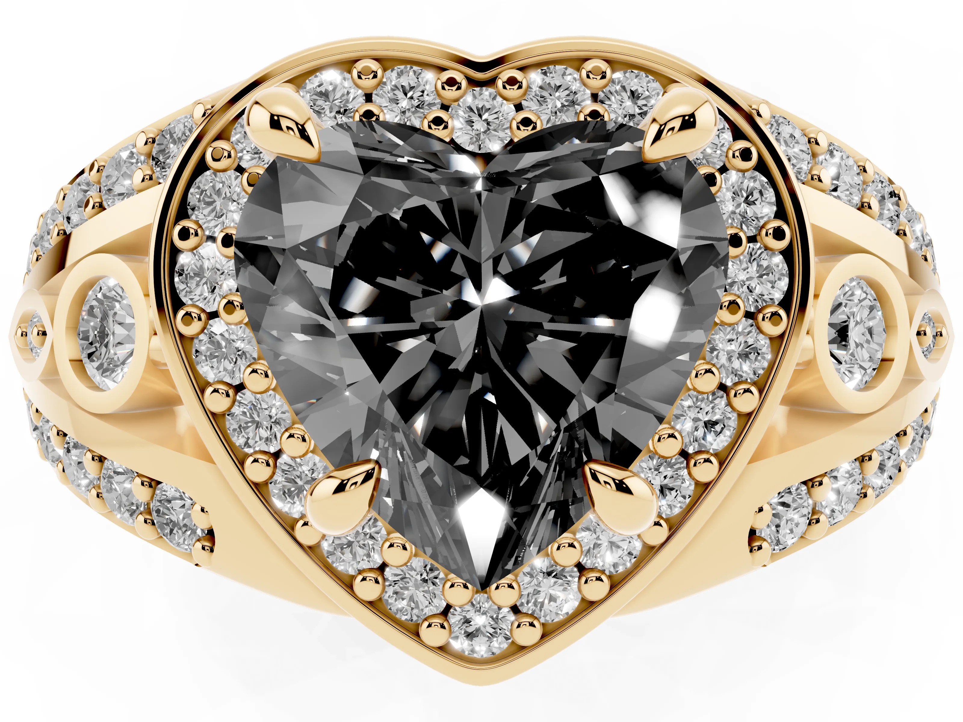 Fancy Black Heart Cut Diamond Halo Ring Set in Yellow gold with Pavé Split Shank and Bezel Accents
