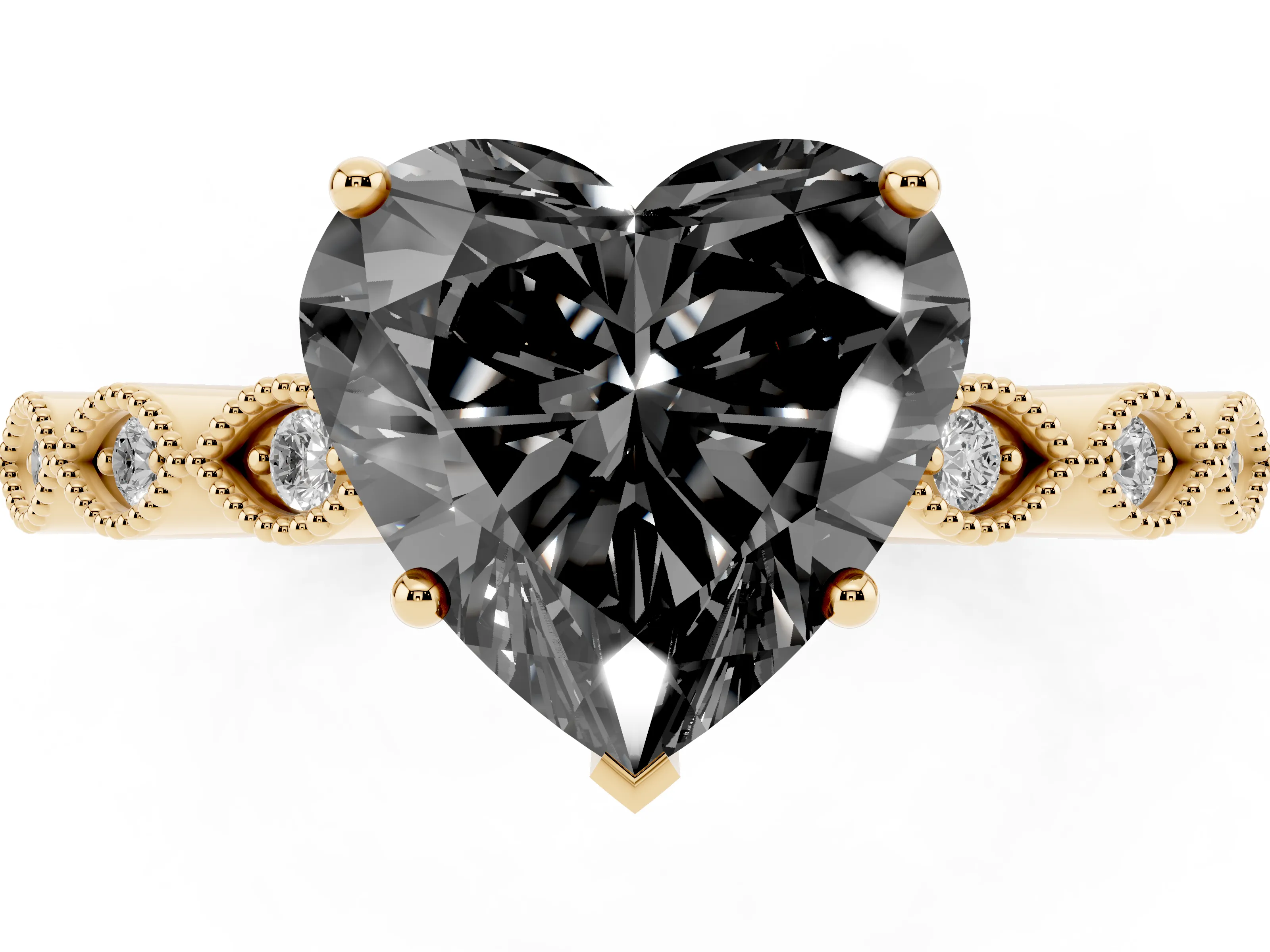 Fancy Black Heart Cut Diamond Solitaire Ring Set in Yellow gold with Infinity Twist Pavé Band