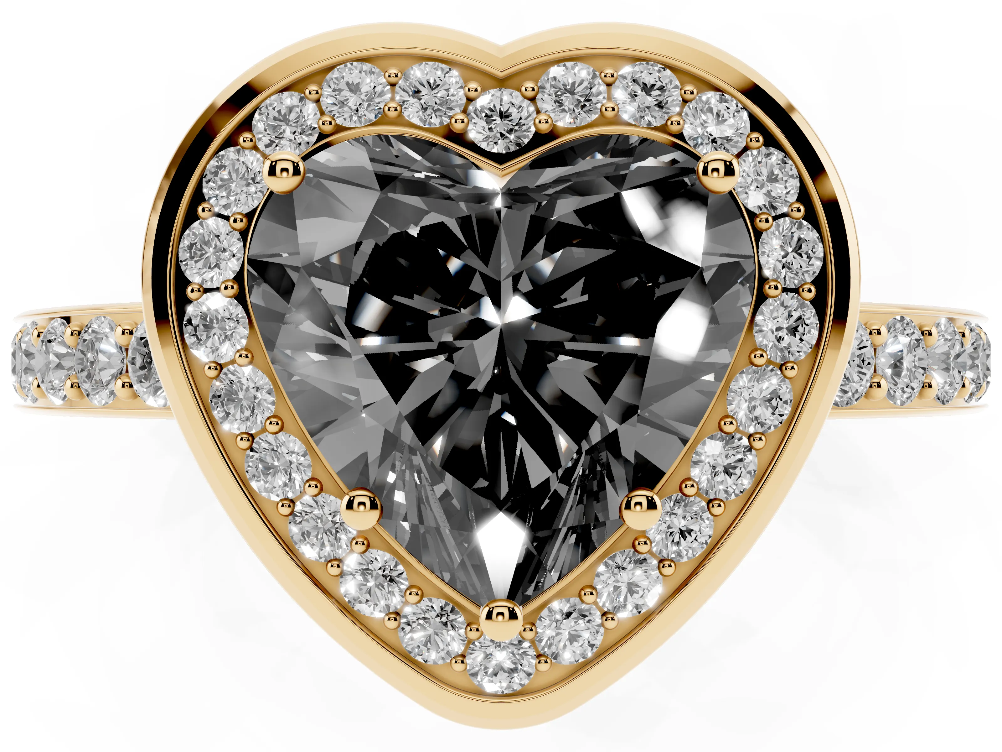Fancy Black Heart Cut Diamond Halo Ring Set in Yellow gold with Bezel Frame and Pavé Band
