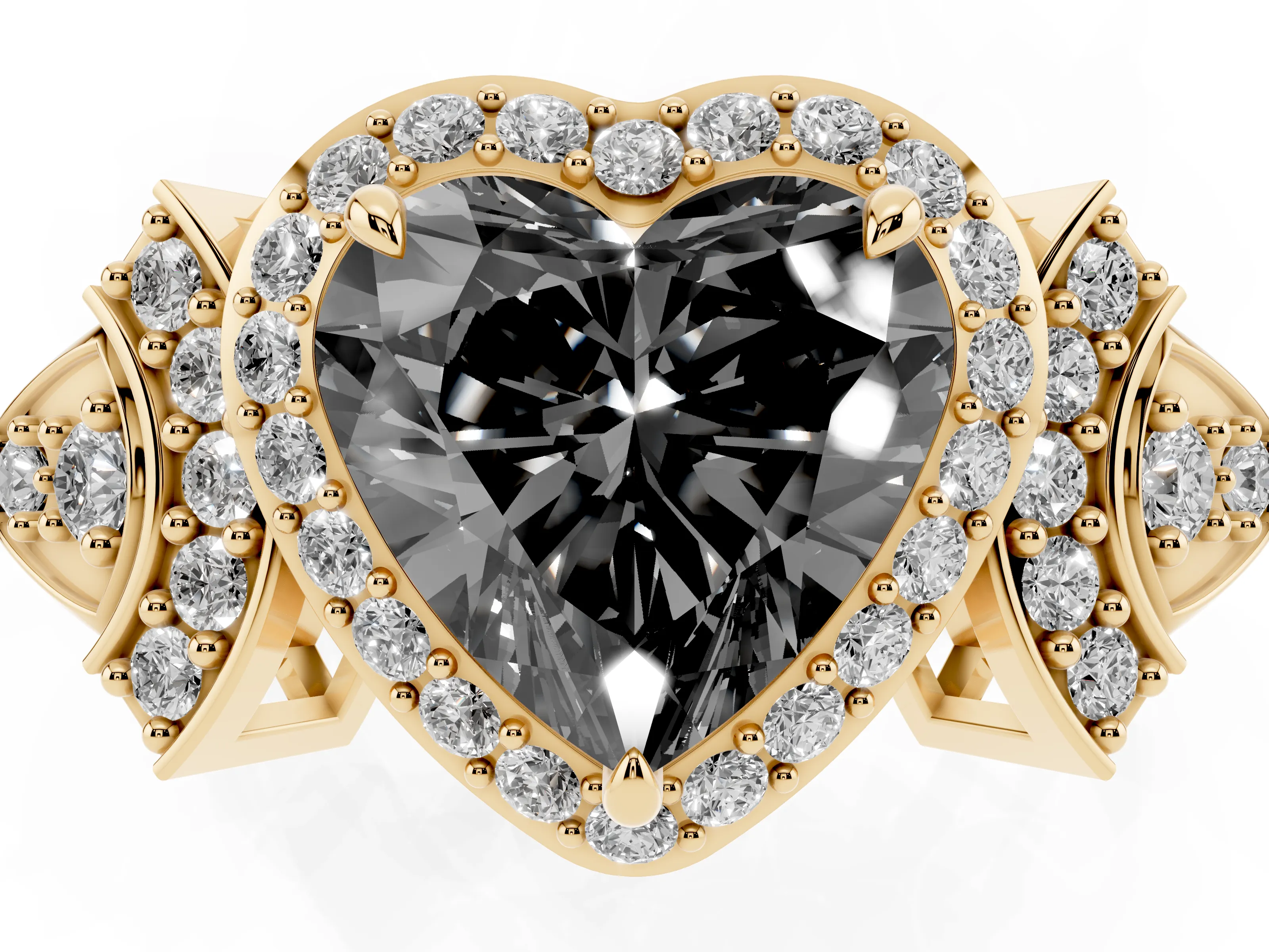 Fancy Black Heart Cut Diamond Halo Engagement Ring Set in Yellow gold with Accent Stone Split Shank
