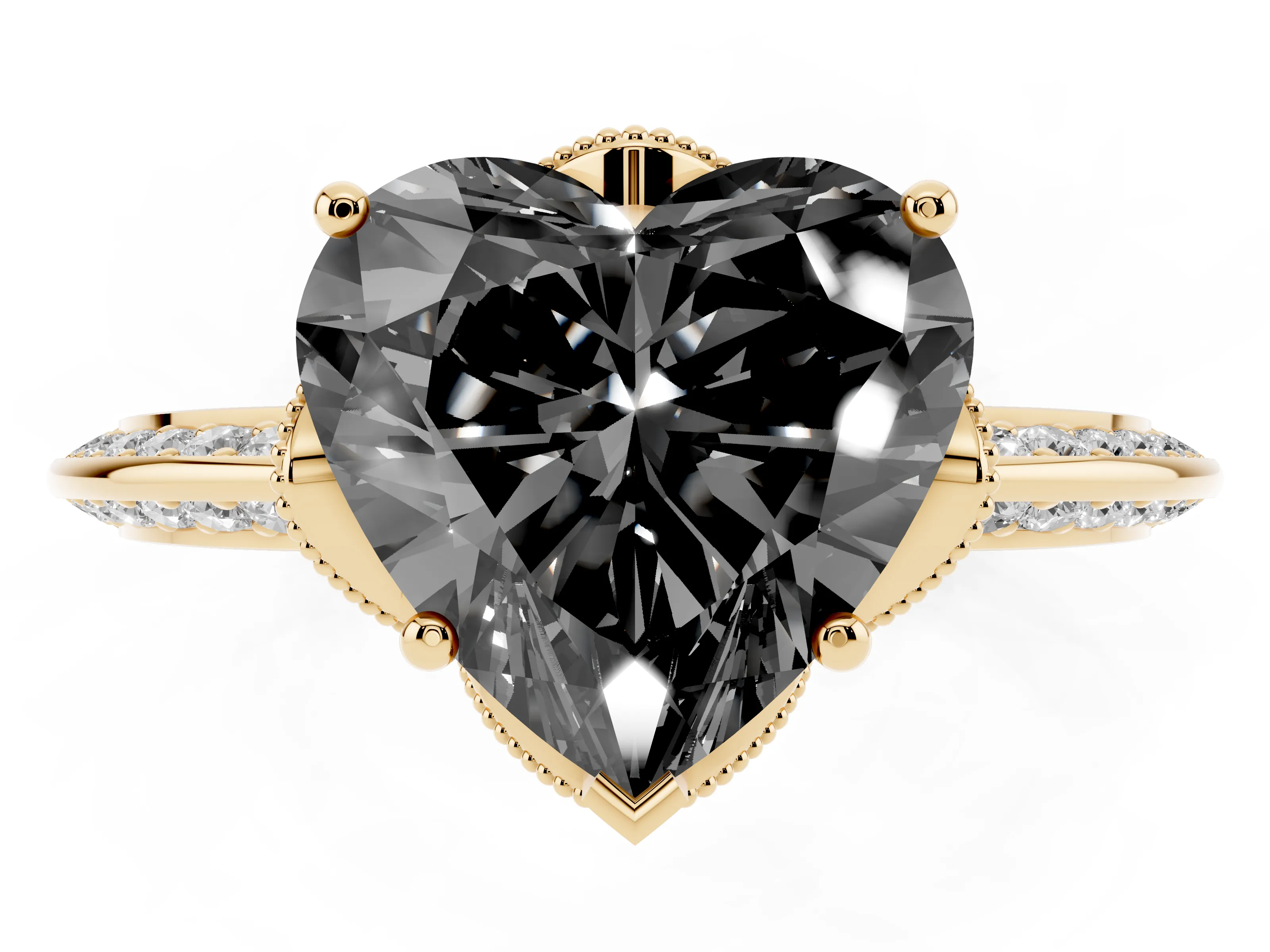 Fancy Black Heart Cut Diamond Solitaire Engagement Ring Set in Yellow gold with Pavé Split Shank and Prong Setting