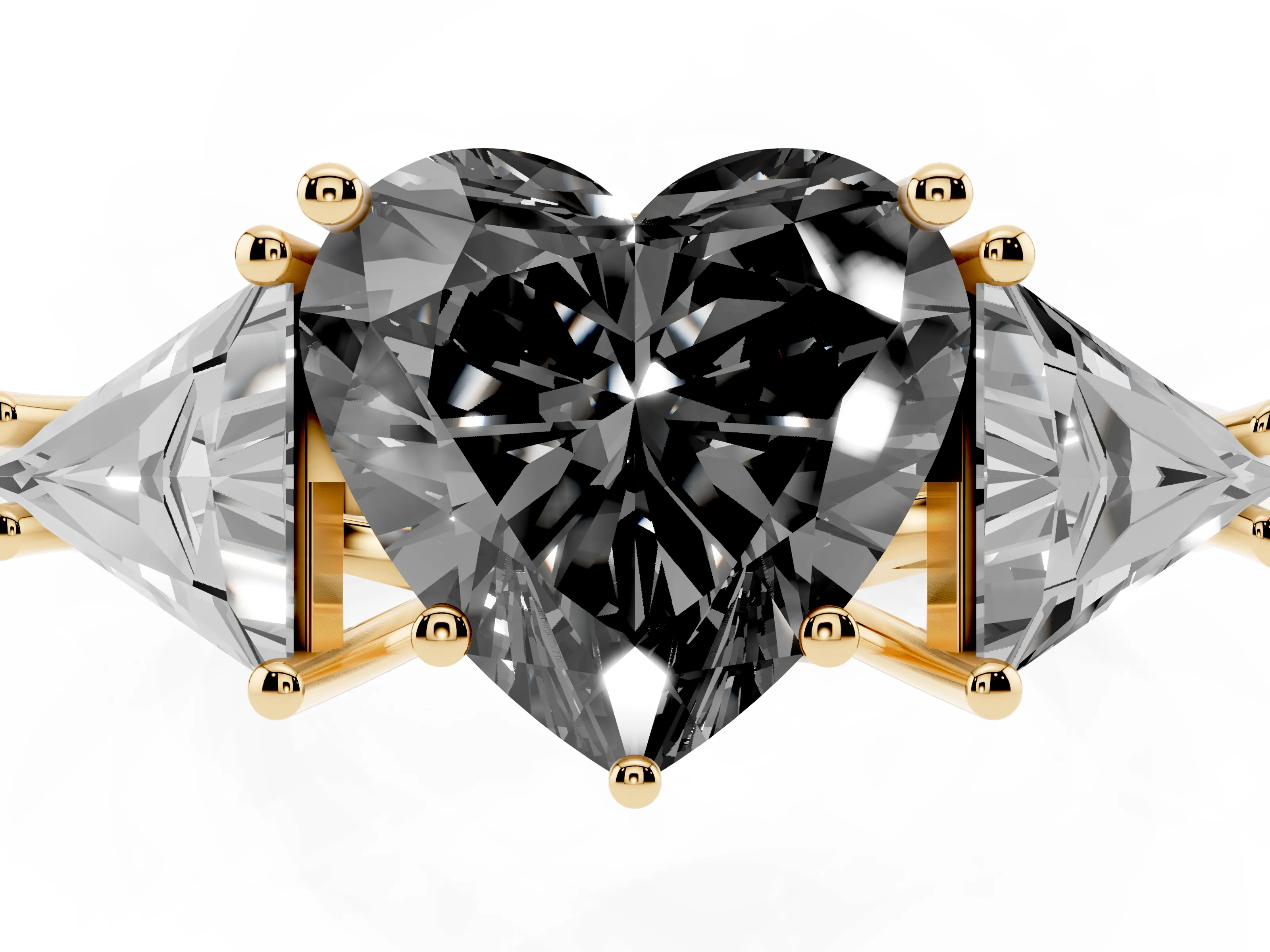Fancy Black Heart Cut Diamond Three-Stone Engagement Ring Set in Yellow gold with Trillion Side Stones