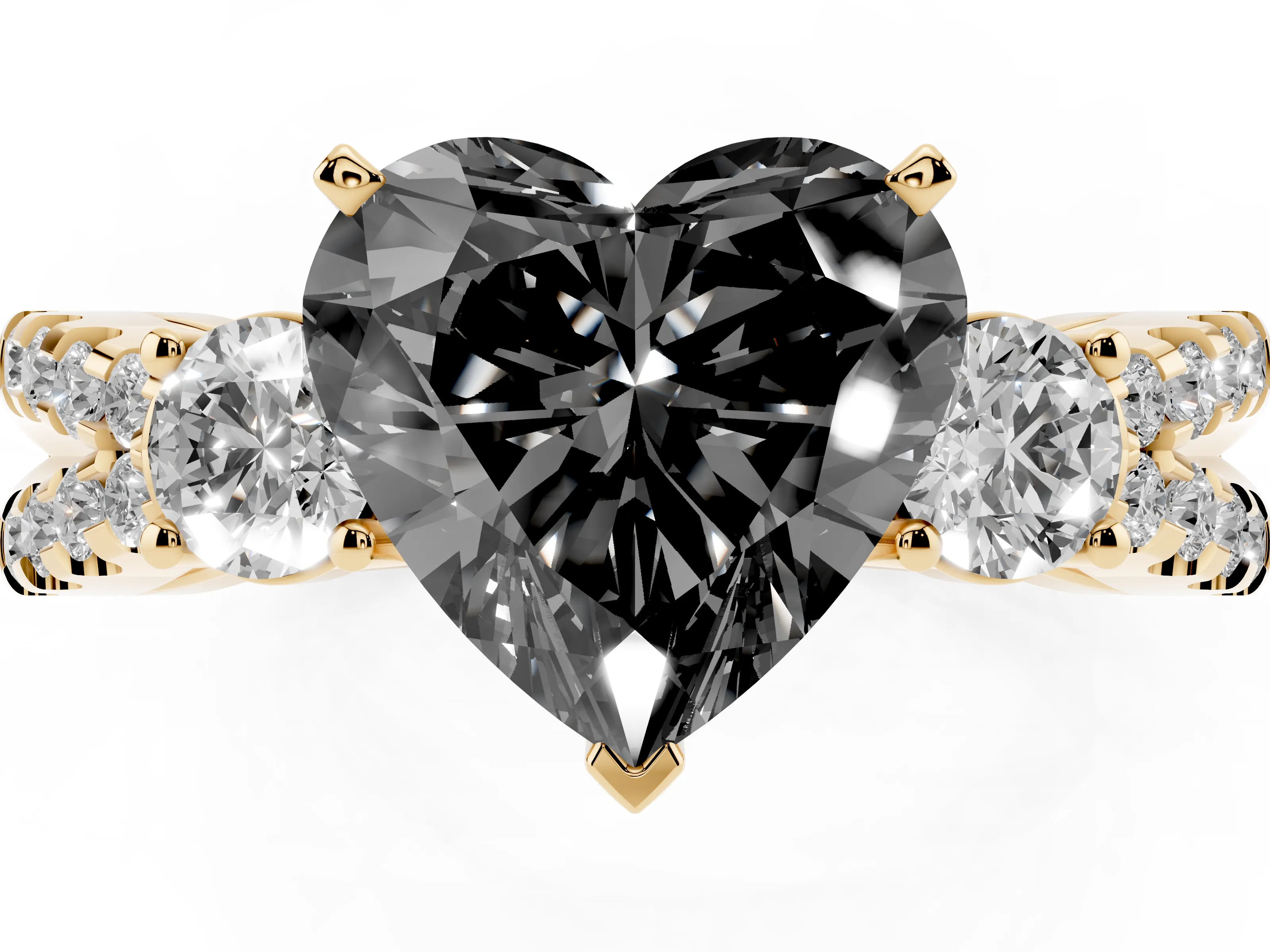 Fancy Black Heart Cut Diamond Three-Stone Ring Set in Yellow gold with Pavé Split Shank and Prong Setting