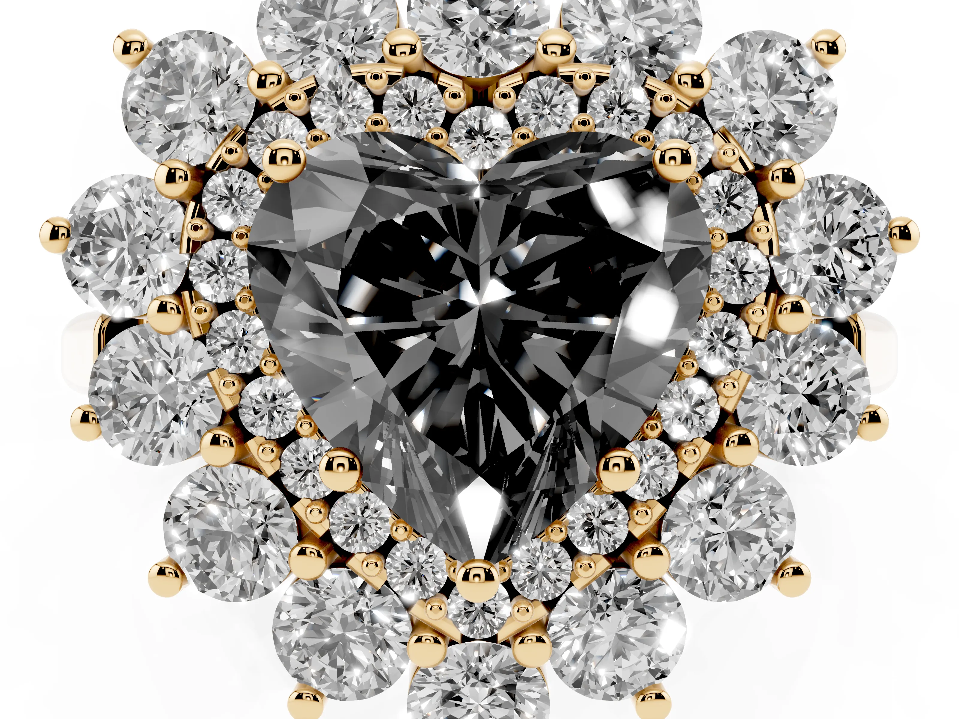 Fancy Black Heart Cut Diamond Floral Double Halo Ring Set in Yellow gold with Round Petals