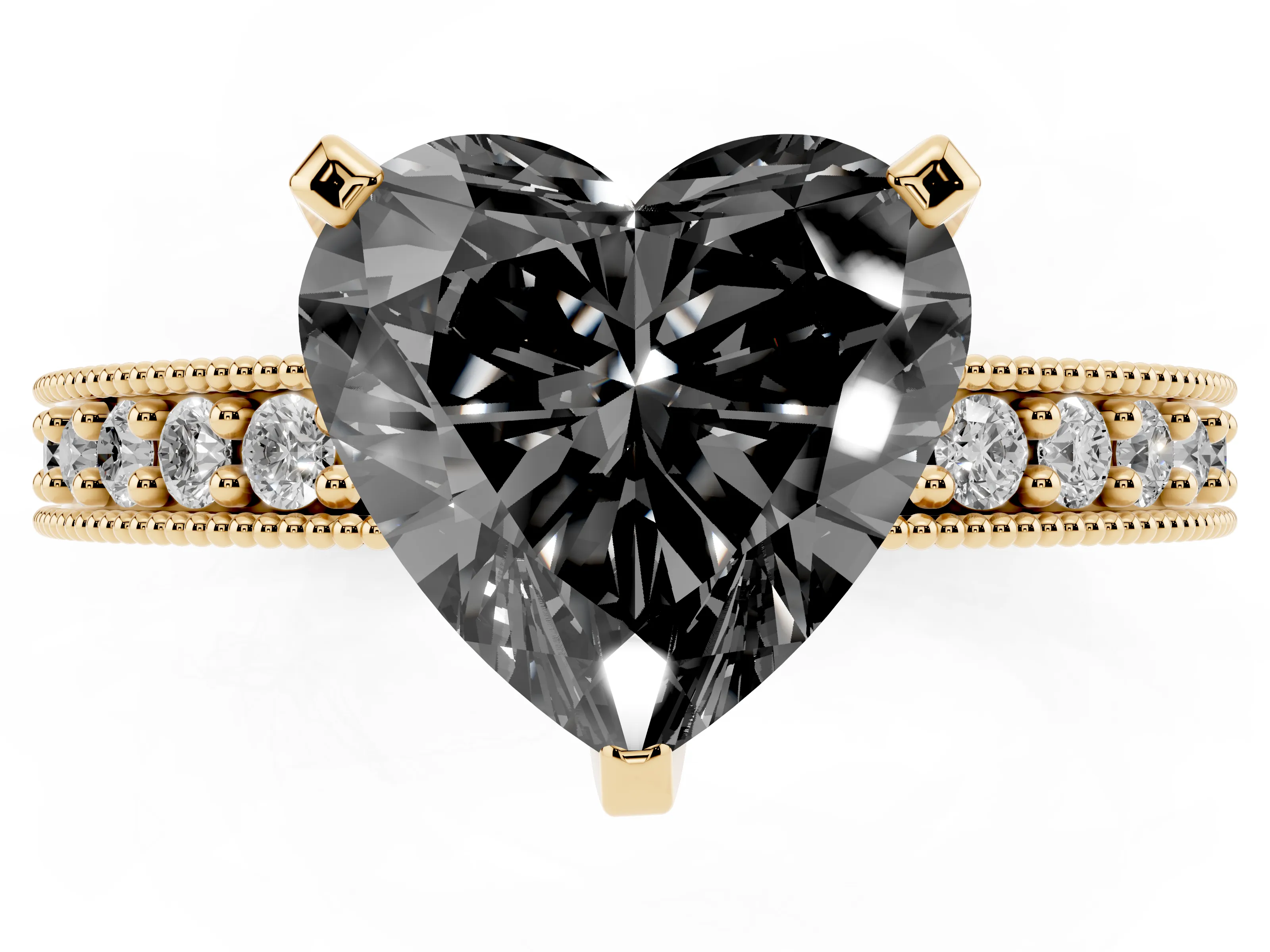 Fancy Black Heart Cut Diamond Milgrain Pavé Engagement Ring Set in Yellow gold with Prong Setting