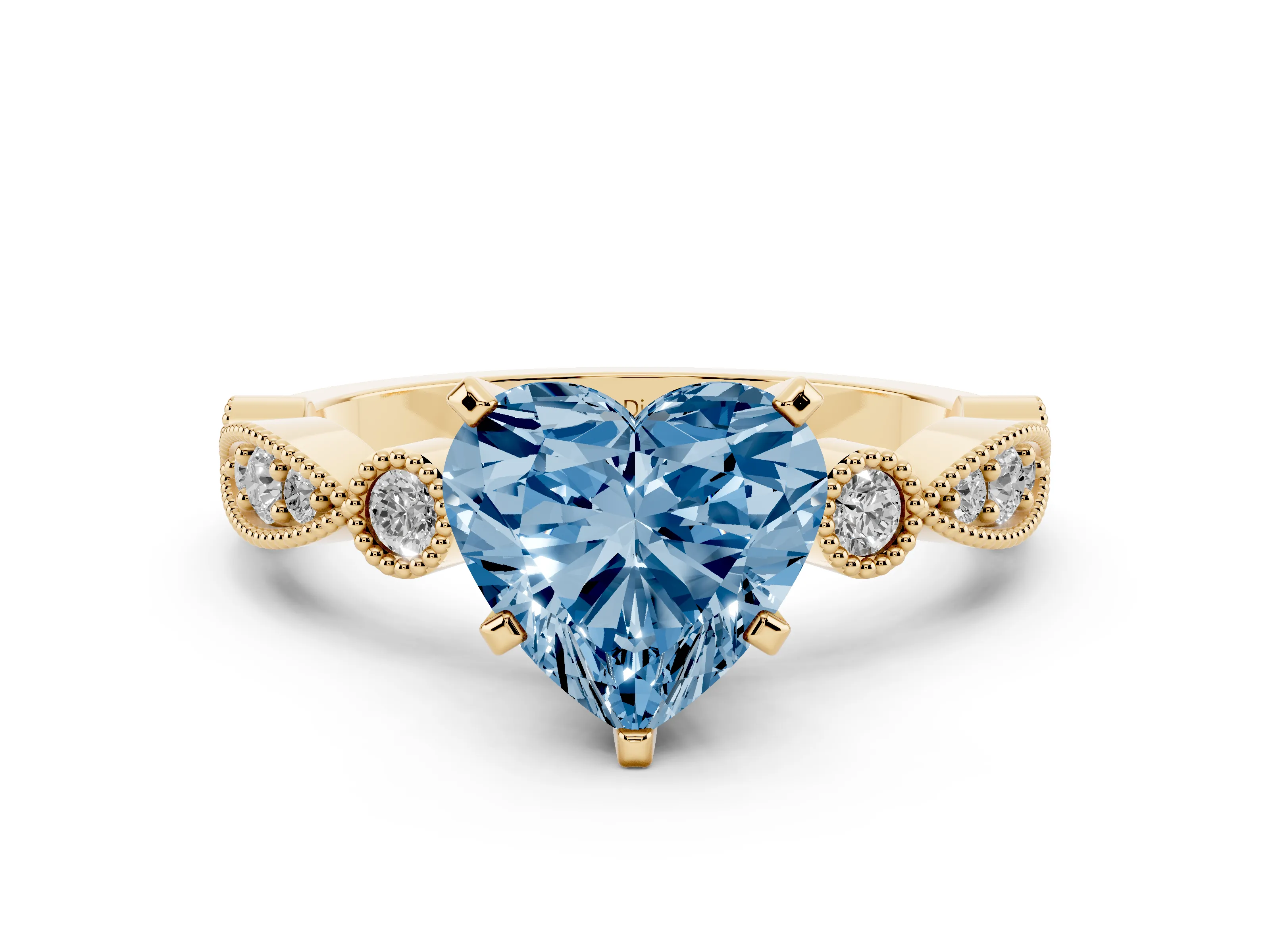 Fancy Blue Heart Cut Diamond Solitaire Engagement Ring Set in Yellow gold with Milgrain Bezel Accent Band