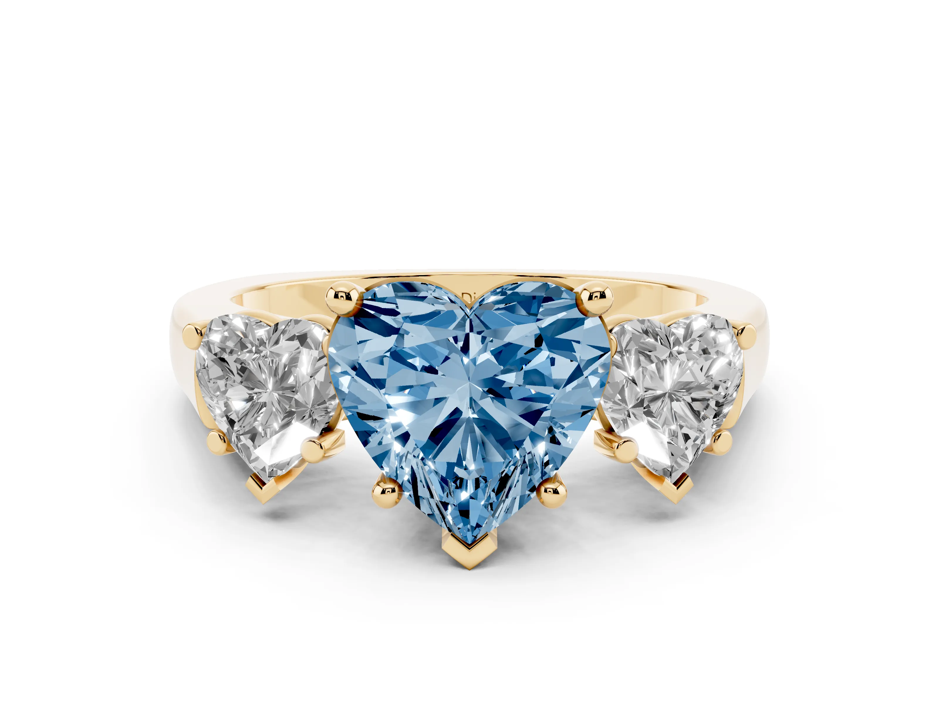 Fancy Blue Heart Cut Diamond Three-Stone Trellis Ring Set in Yellow gold with Comfort Fit Band