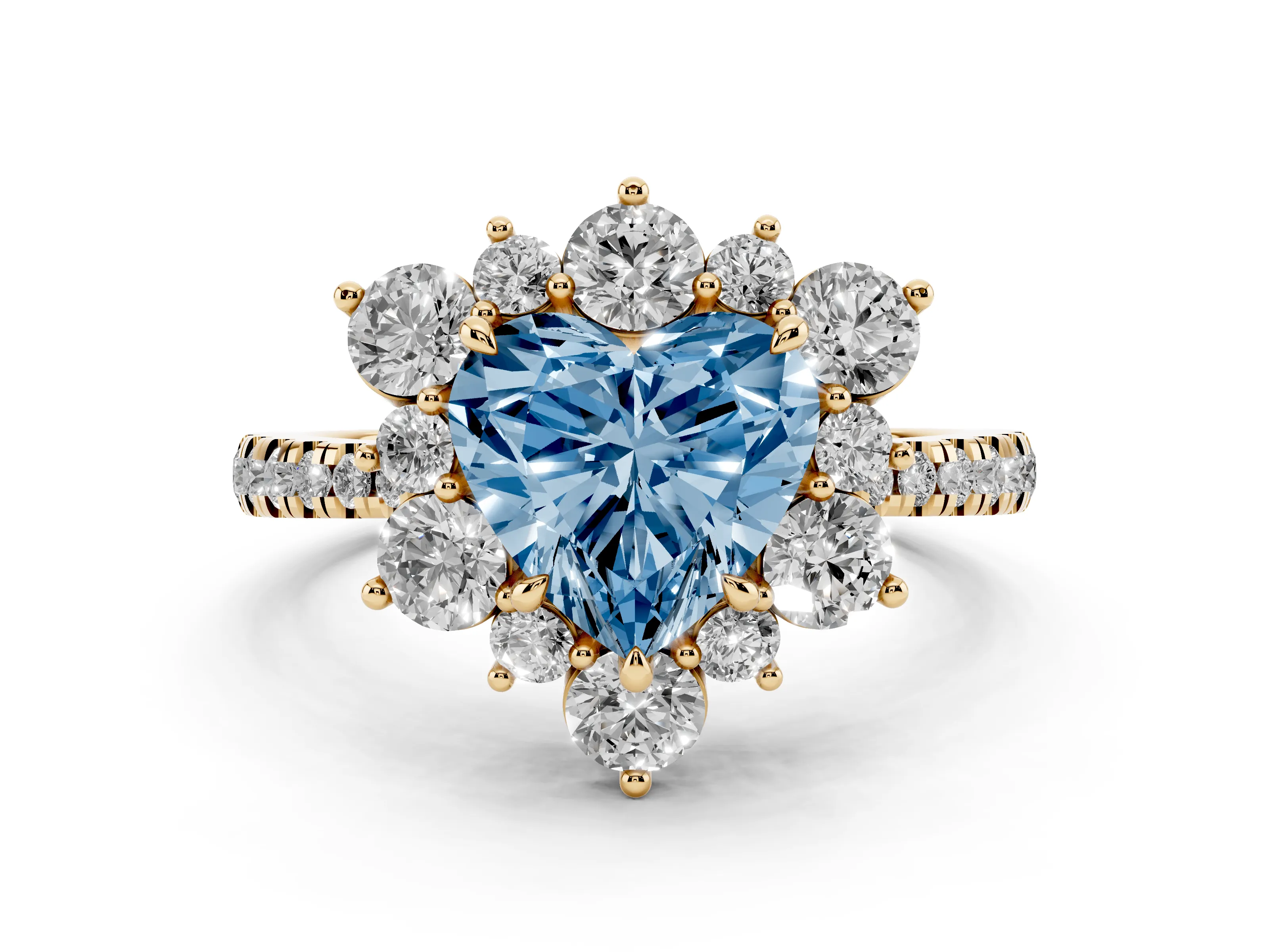 Fancy Blue Heart Cut Diamond Floral Halo Ring Set in Yellow gold with Round Pavé Band and Prong Setting