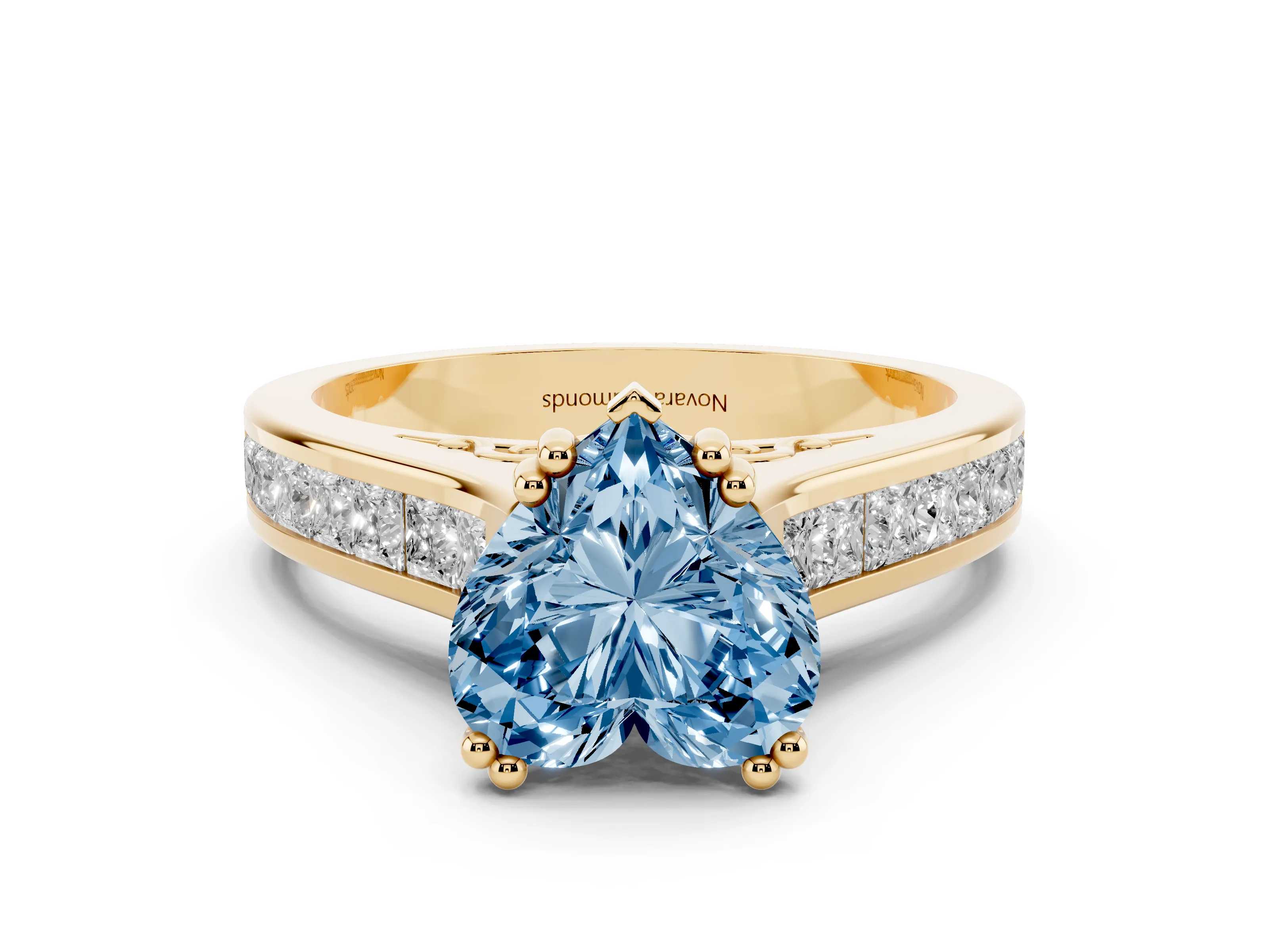 Fancy Blue Heart Cut Diamond Channel Set Solitaire Engagement Ring Set in Yellow gold with Prong Setting