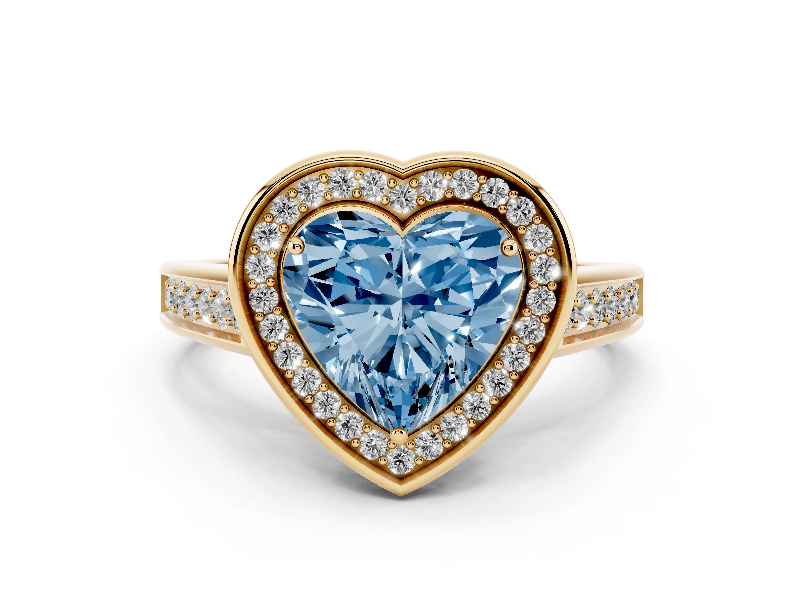 Fancy Blue Heart Cut Diamond Halo Solitaire Ring Set in Yellow gold with Pavé Band and Bezel Setting