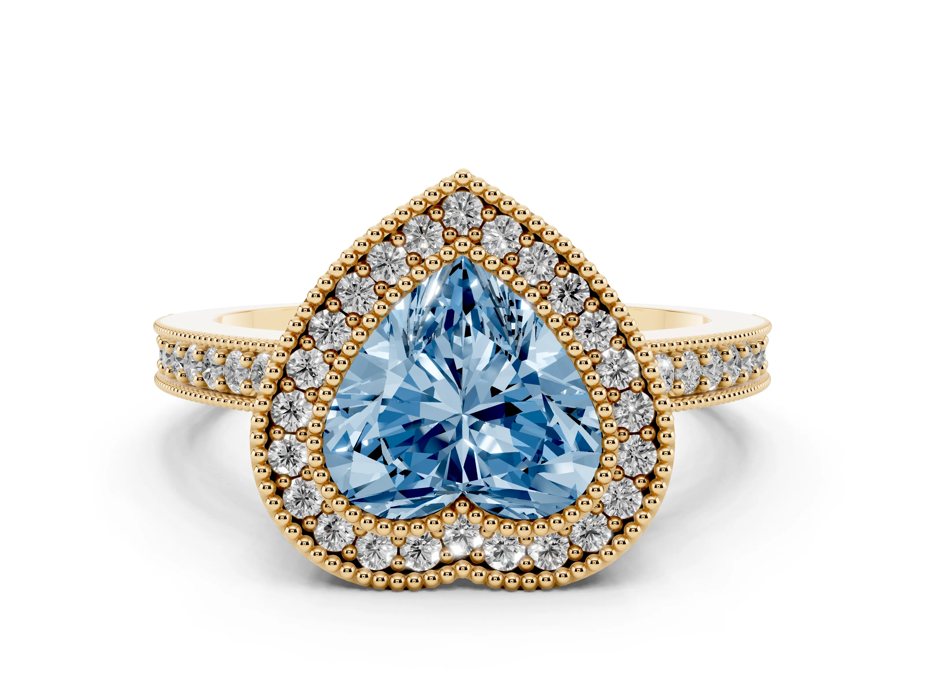 Fancy Blue Heart Cut Diamond Halo Engagement Ring Set in Yellow gold with Pavé Band and Round Halo Stones