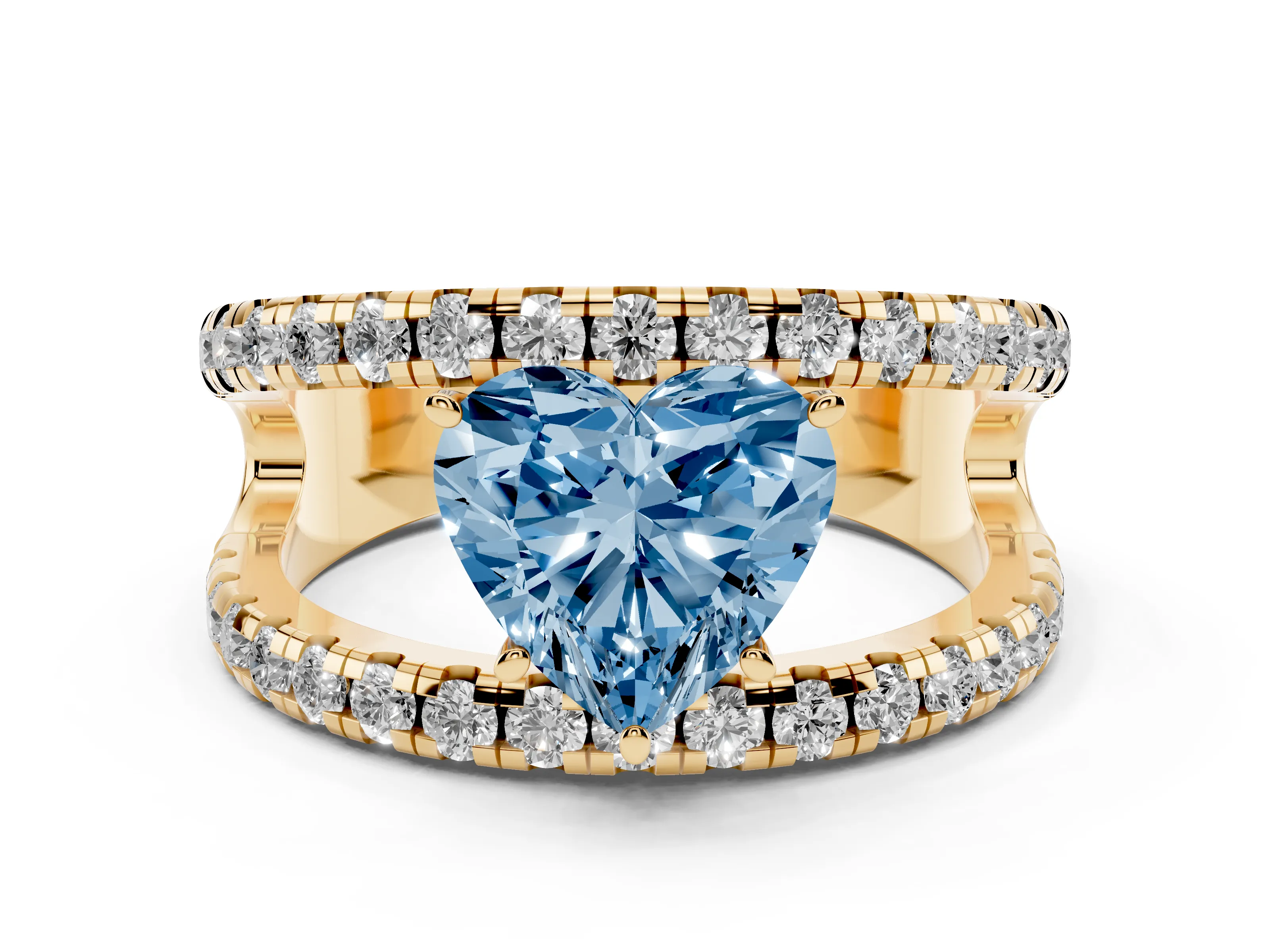 Fancy Blue Heart Cut Diamond Split Shank Pavé Solitaire Ring Set in Yellow gold with Open Shank Design