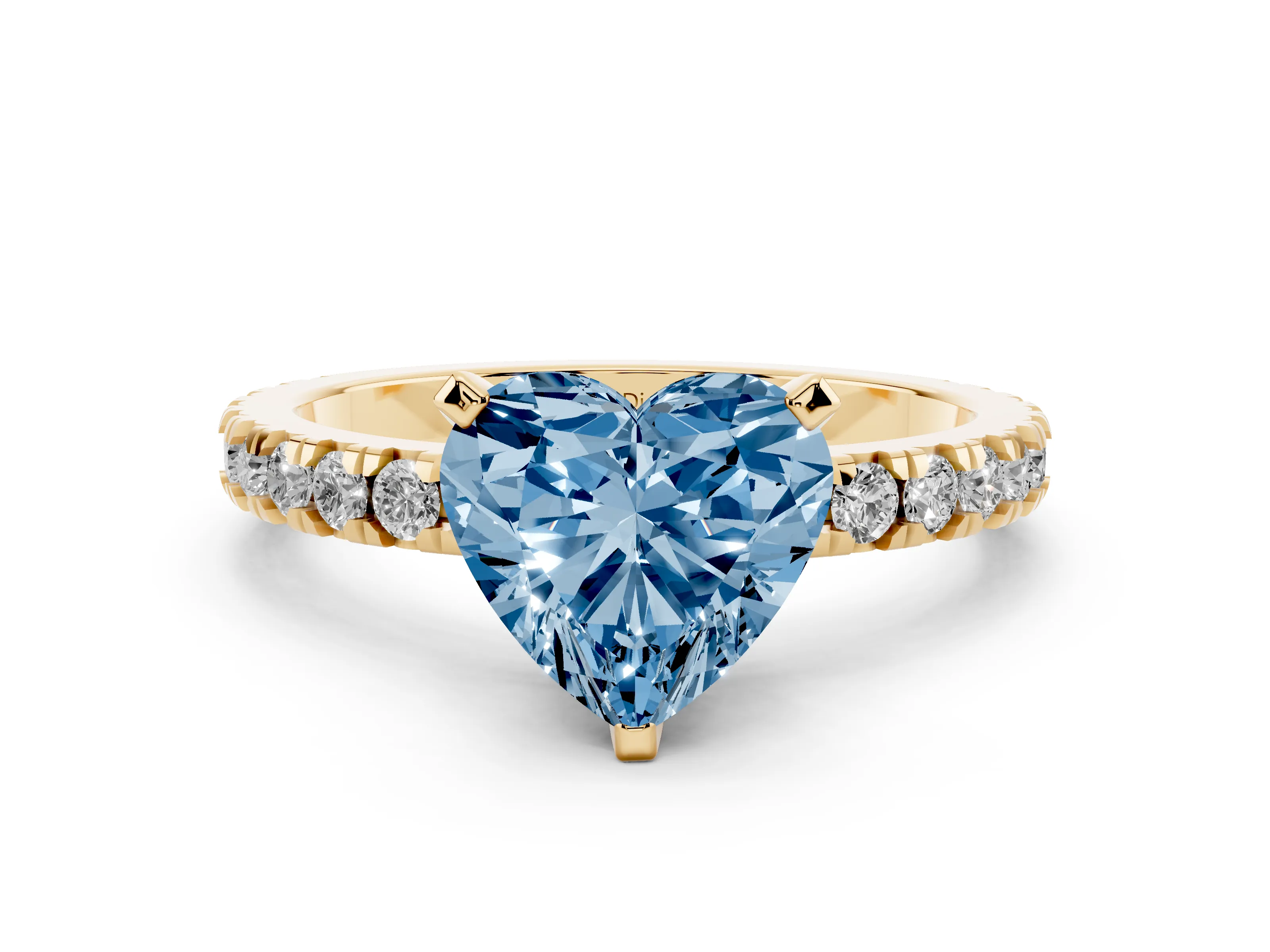 Fancy Blue Heart Cut Diamond Pavé Band Solitaire Set in Yellow gold with Prong Setting