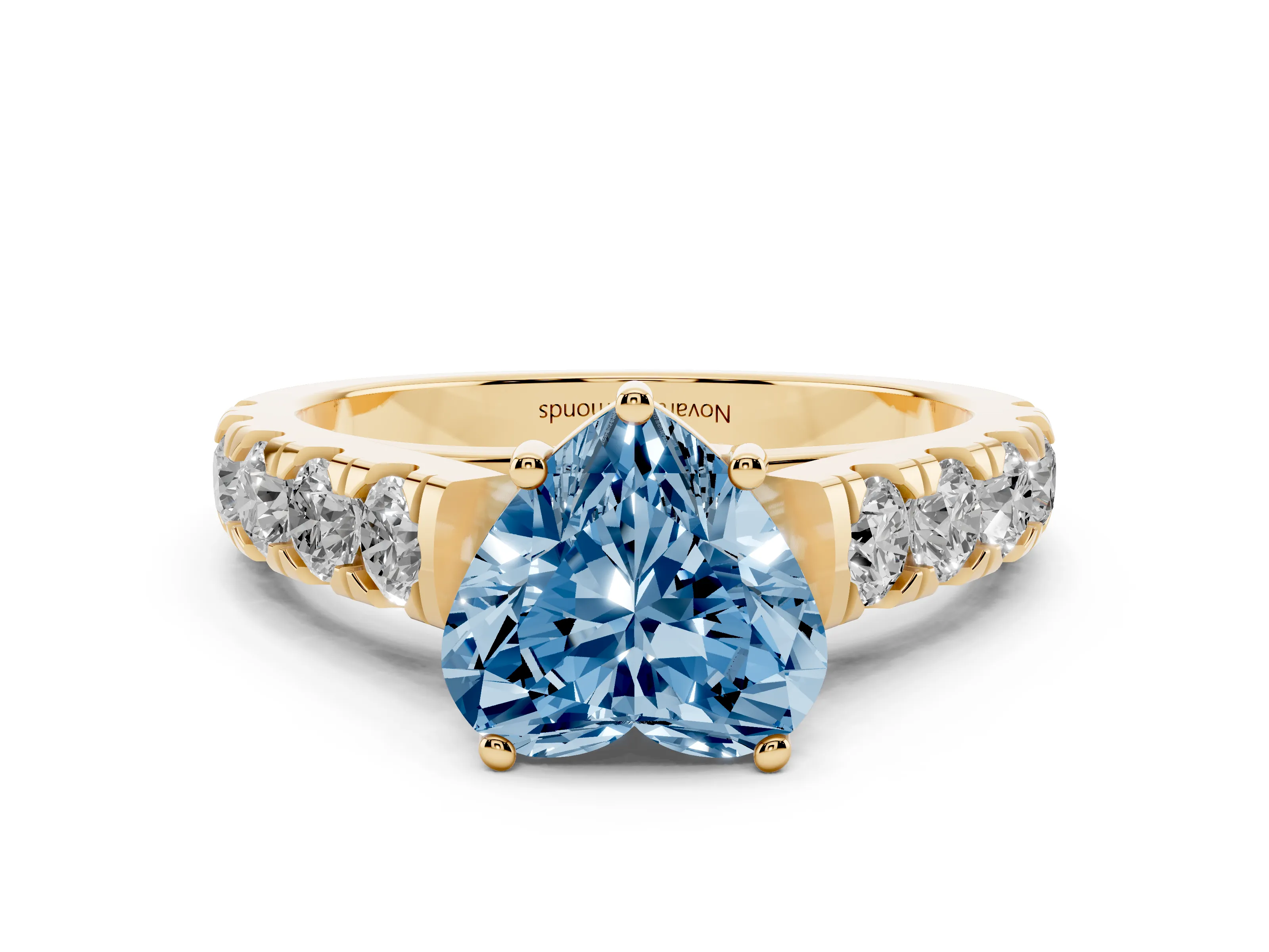 Fancy Blue Heart Cut Diamond Solitaire Ring Set in Yellow gold with Cut-Down Micro Pavé Band and Prong Setting