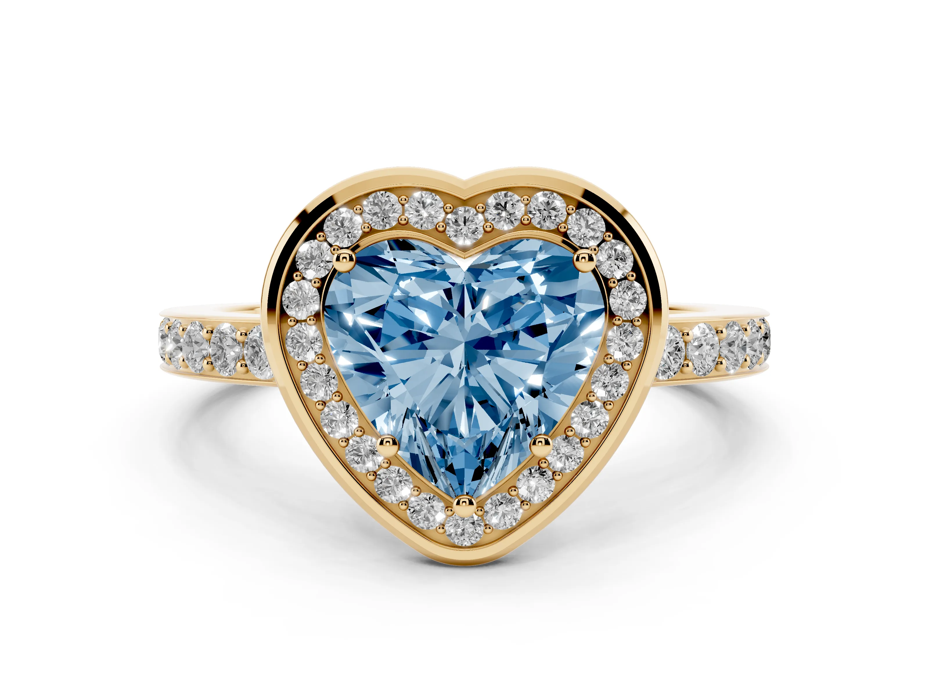 Fancy Blue Heart Cut Diamond Halo Ring Set in Yellow gold with Bezel Frame and Pavé Band