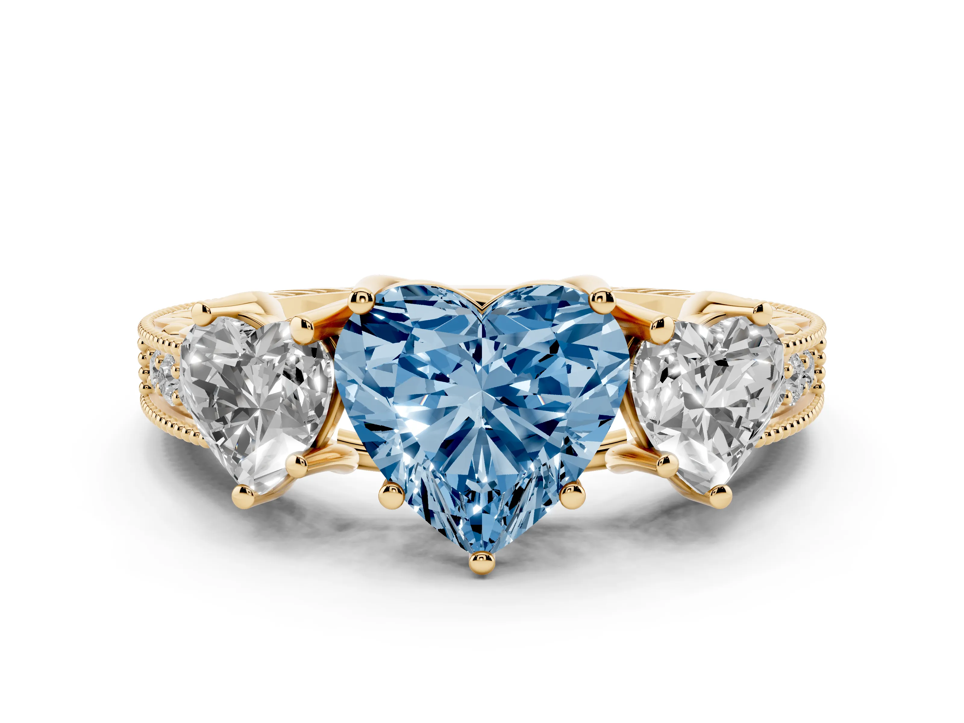 Fancy Blue Heart Cut Diamond Three-Stone Engagement Ring Set in Yellow gold with Milgrain Pavé Band