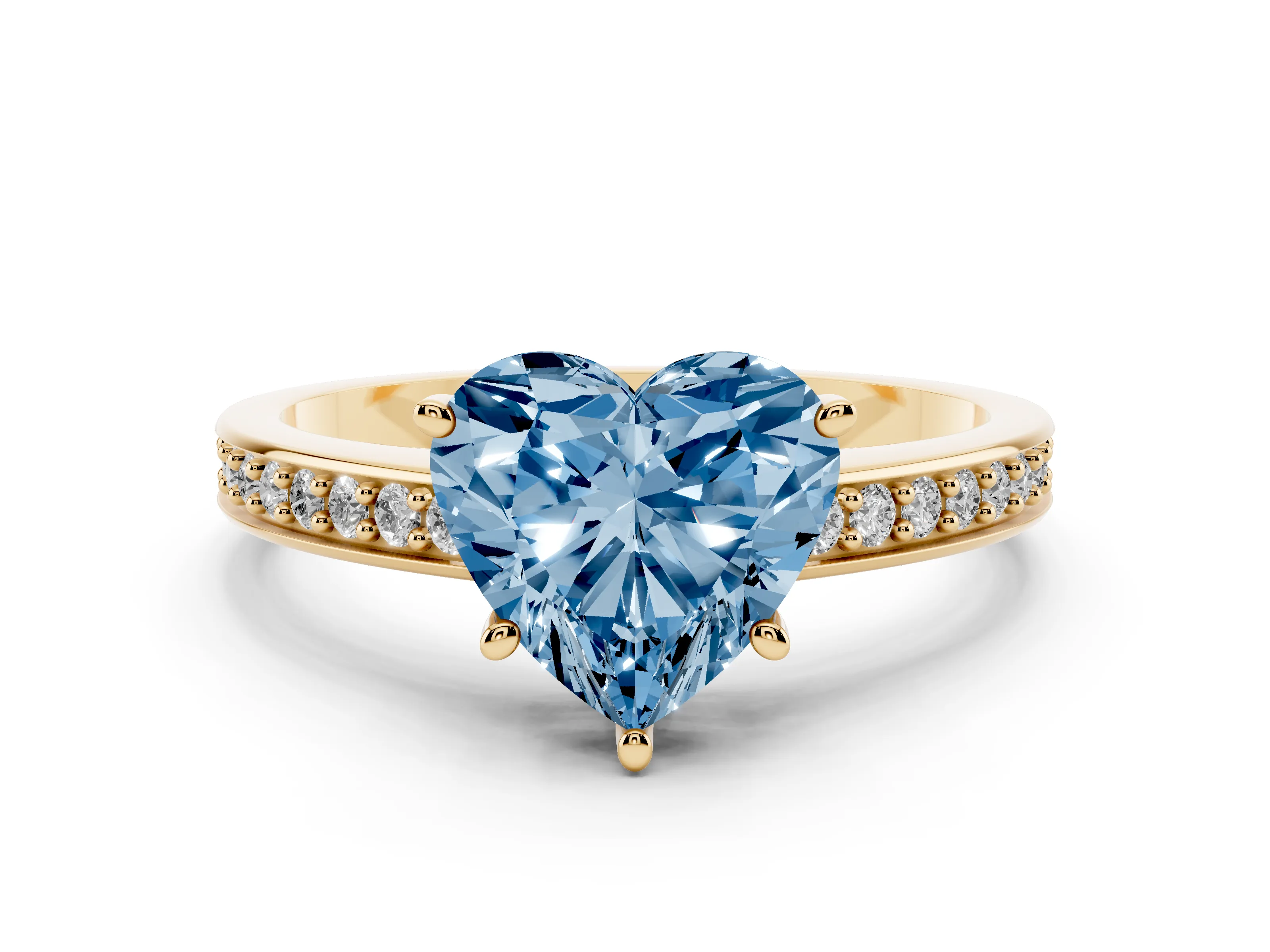 Fancy Blue Heart Cut Diamond Pavé Band Prong Set Solitaire Ring Set in Yellow gold