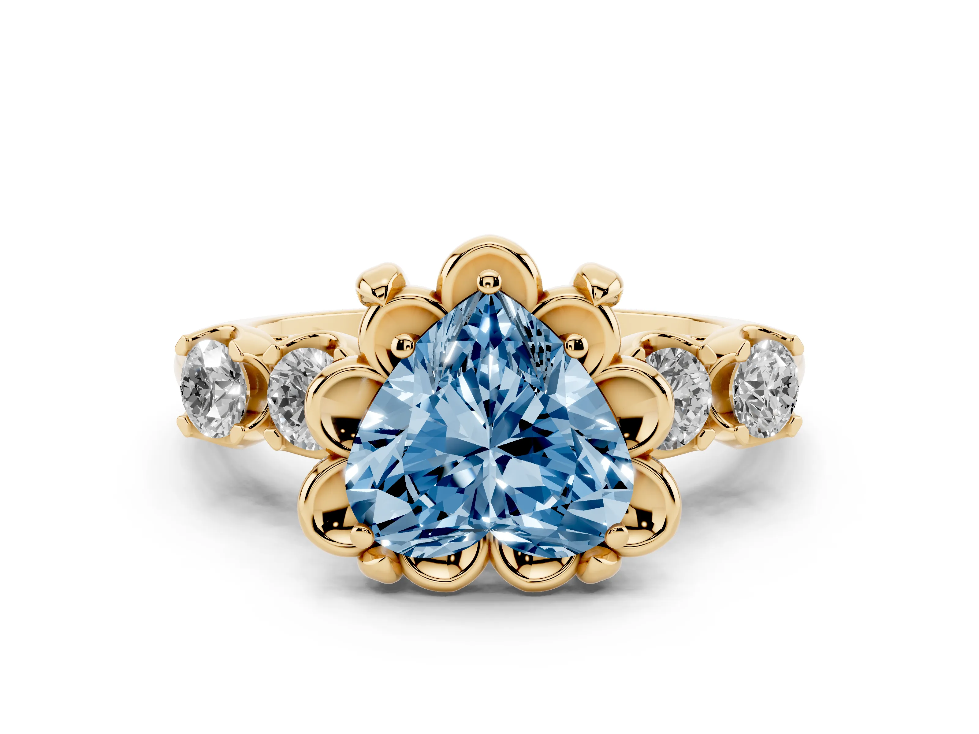Fancy Blue Heart Cut Diamond Floral Halo Ring Set in Yellow gold with Shared Prong Band
