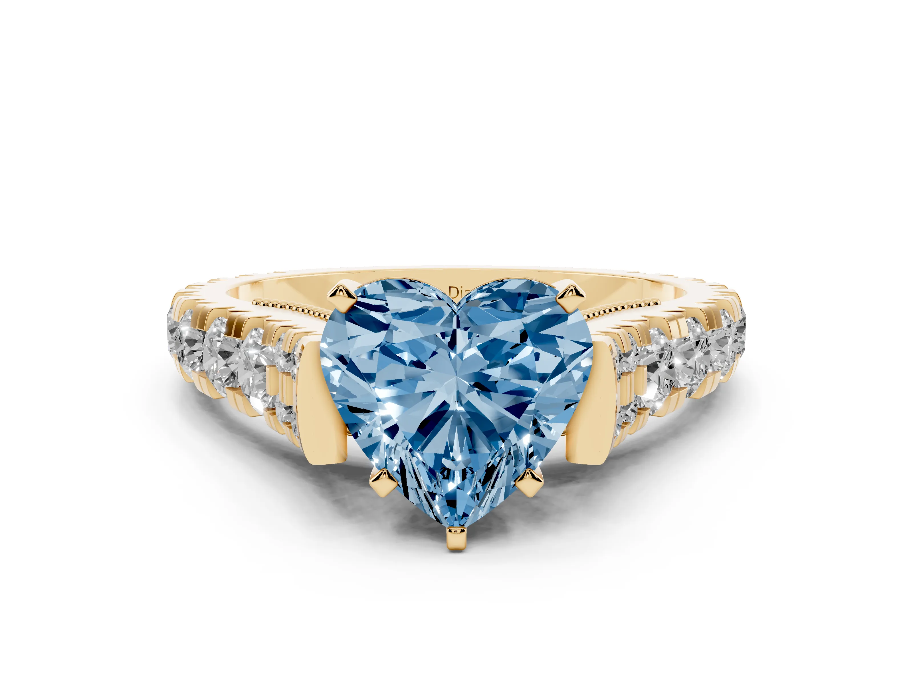 Fancy Blue Heart Cut Diamond Classic Solitaire Ring Set in Yellow gold with Pavé Band and Prong Setting