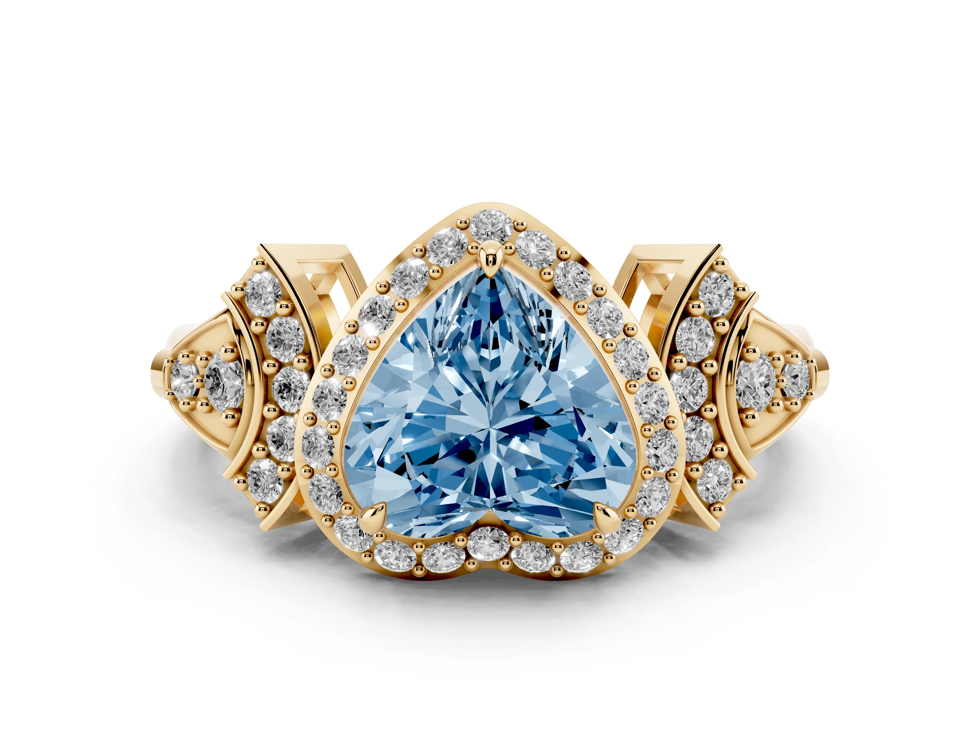 Fancy Blue Heart Cut Diamond Halo Engagement Ring Set in Yellow gold with Accent Stone Split Shank