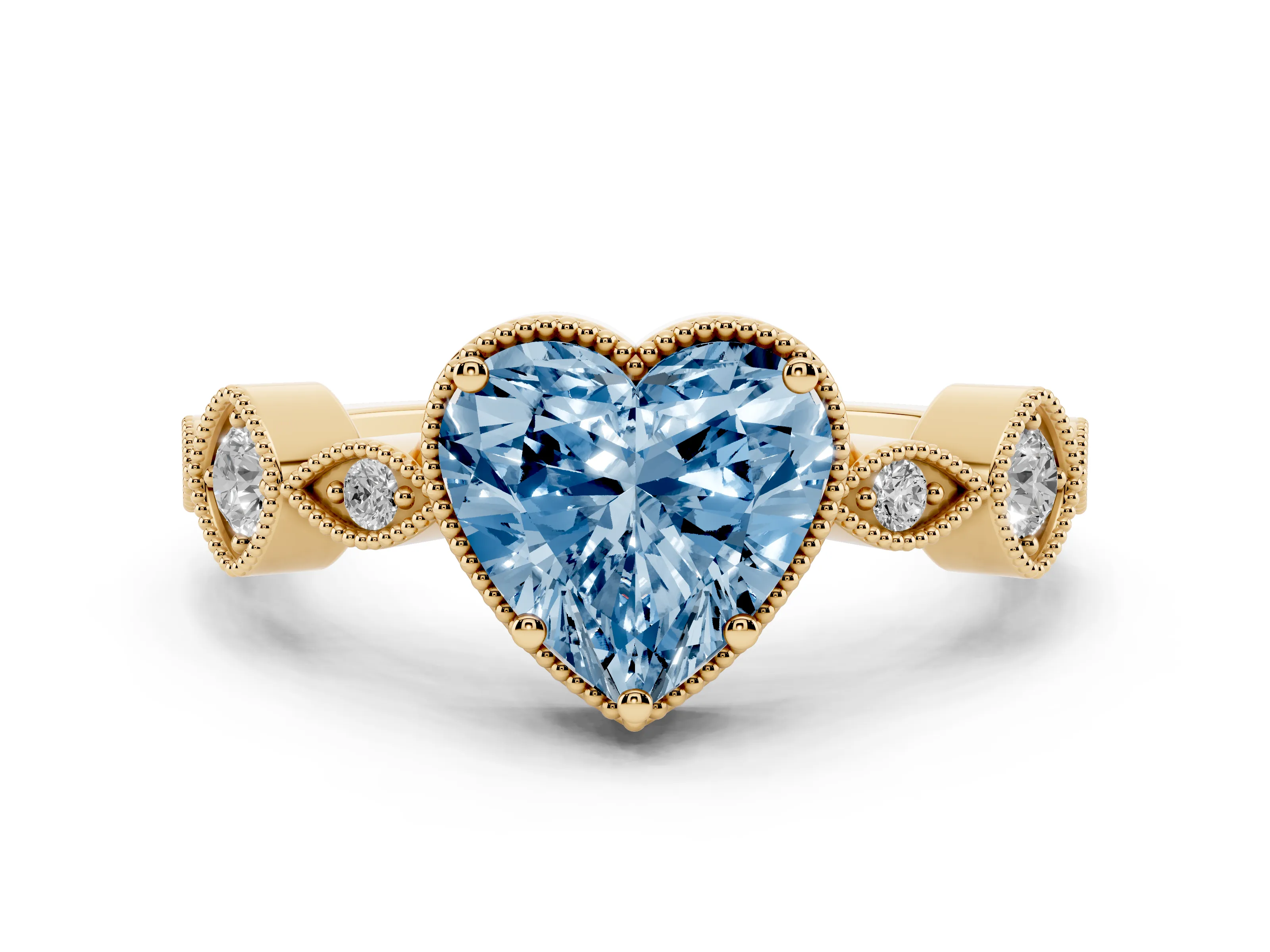 Fancy Blue Heart Cut Diamond Vintage-Inspired Milgrain Ring Set in Yellow gold with Marquise Stations of Round Accents