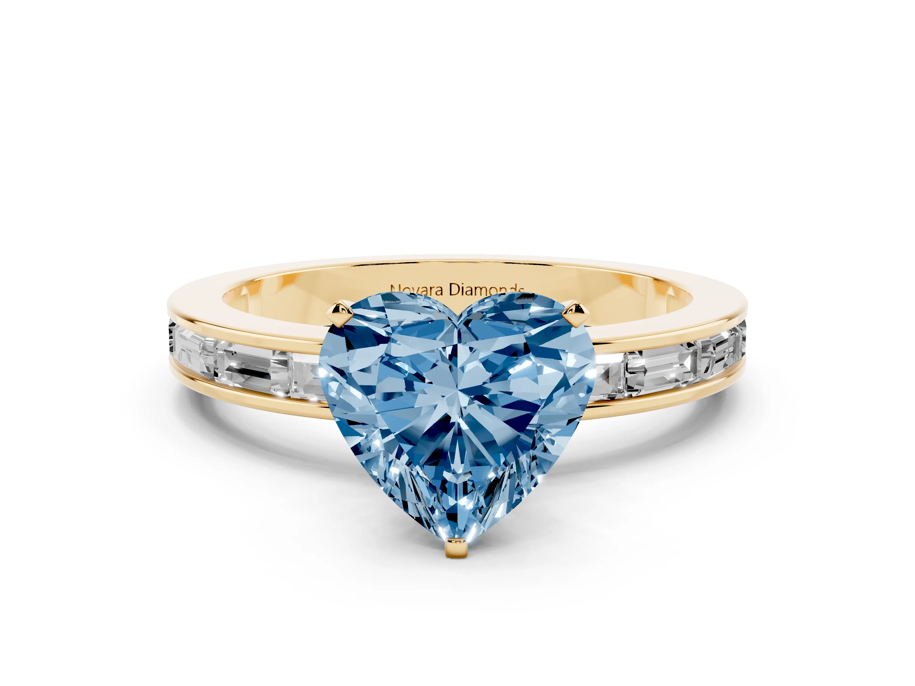 Fancy Blue Heart Cut Diamond Solitaire Ring Set in Yellow gold with Channel-Set Baguette Band and Prong Setting
