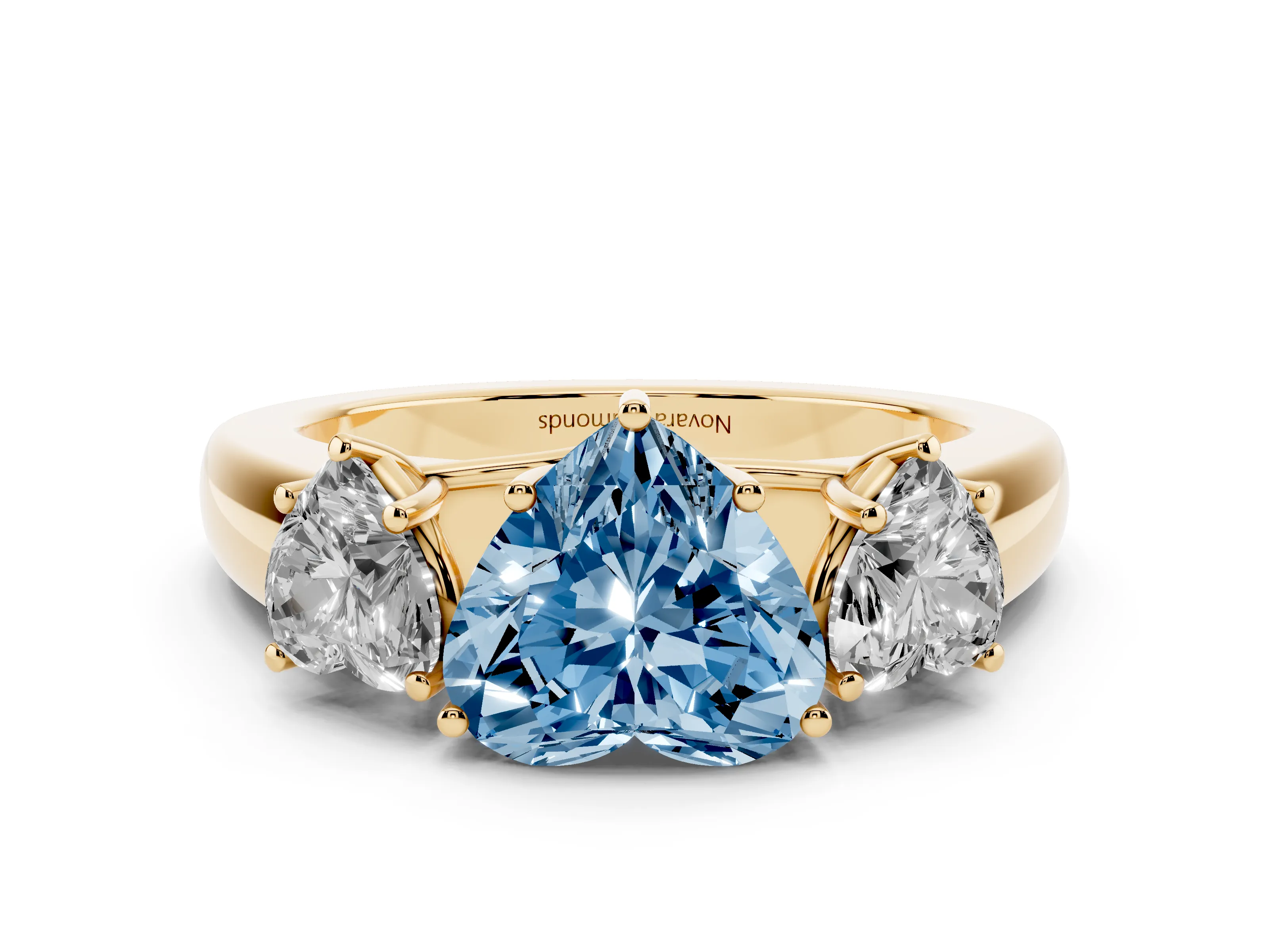 Fancy Blue Three-Stone Heart Cut Diamond Ring Set in Yellow gold with Matching Prong Settings and Plain Band