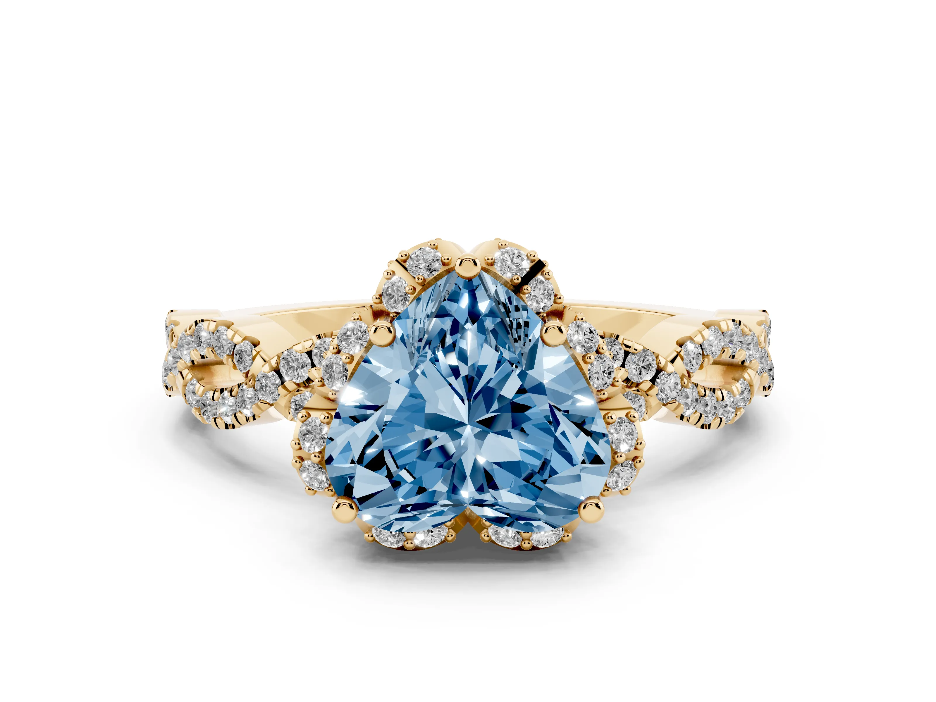 Fancy Blue Heart Cut Diamond Halo Twist Band Solitaire Ring Set in Yellow gold with Prong-Set Center Stone