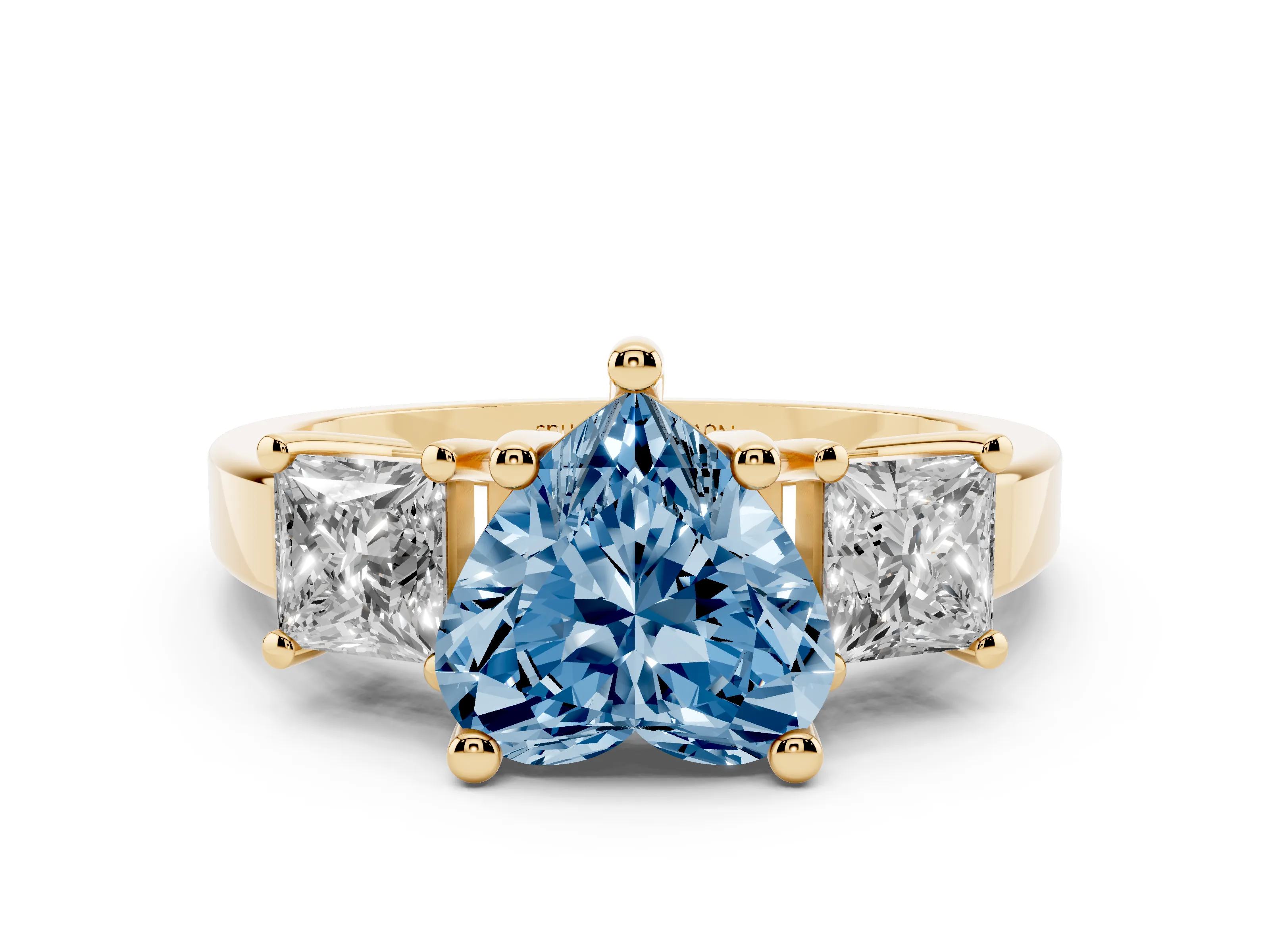 Fancy Blue Three-Stone Heart Cut Diamond Solitaire Ring Set in Yellow gold with Prong Setting