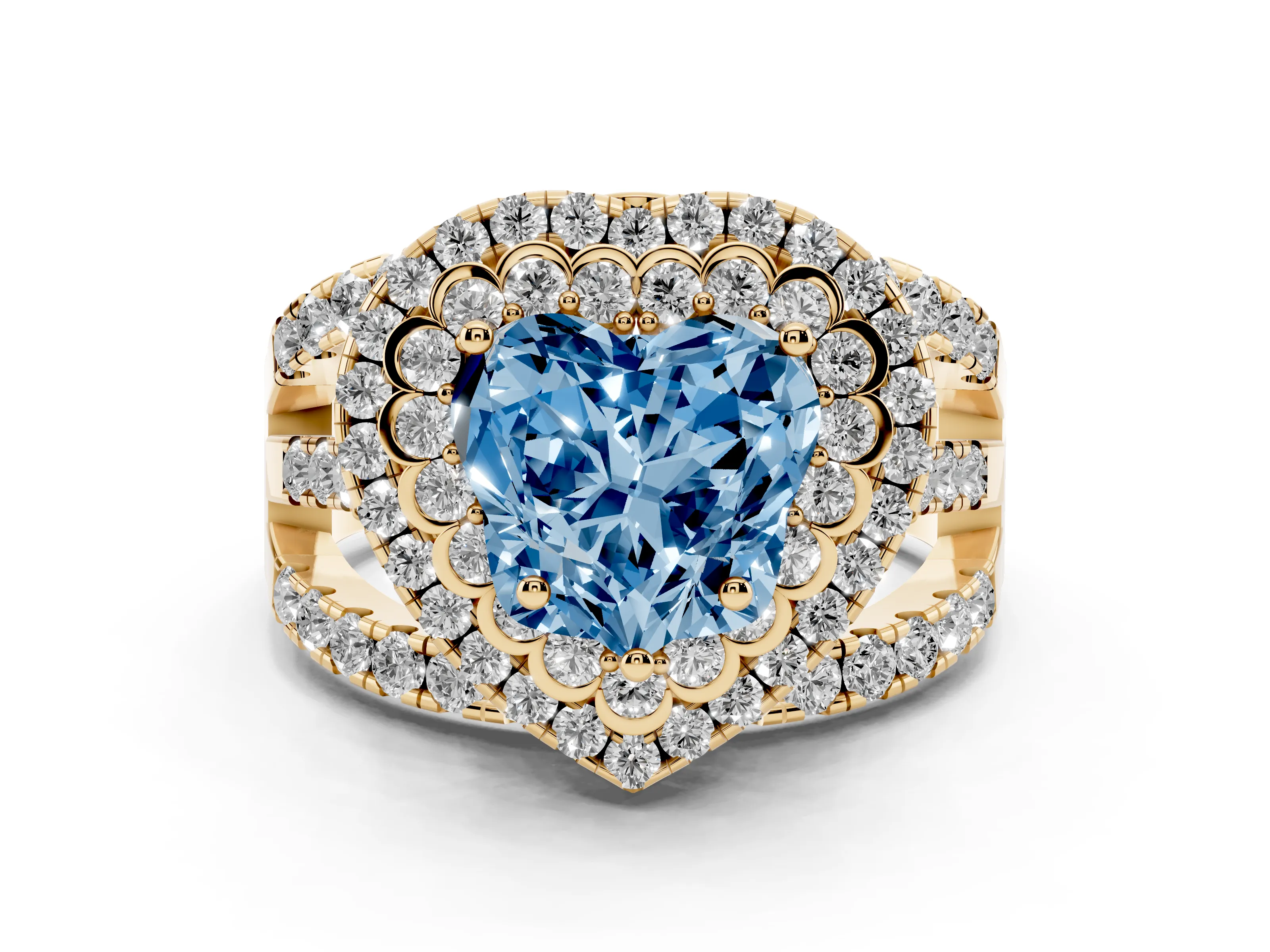 Fancy Blue Heart Cut Diamond Double Halo Ring Set in Yellow gold with Round Pavé Split Shank