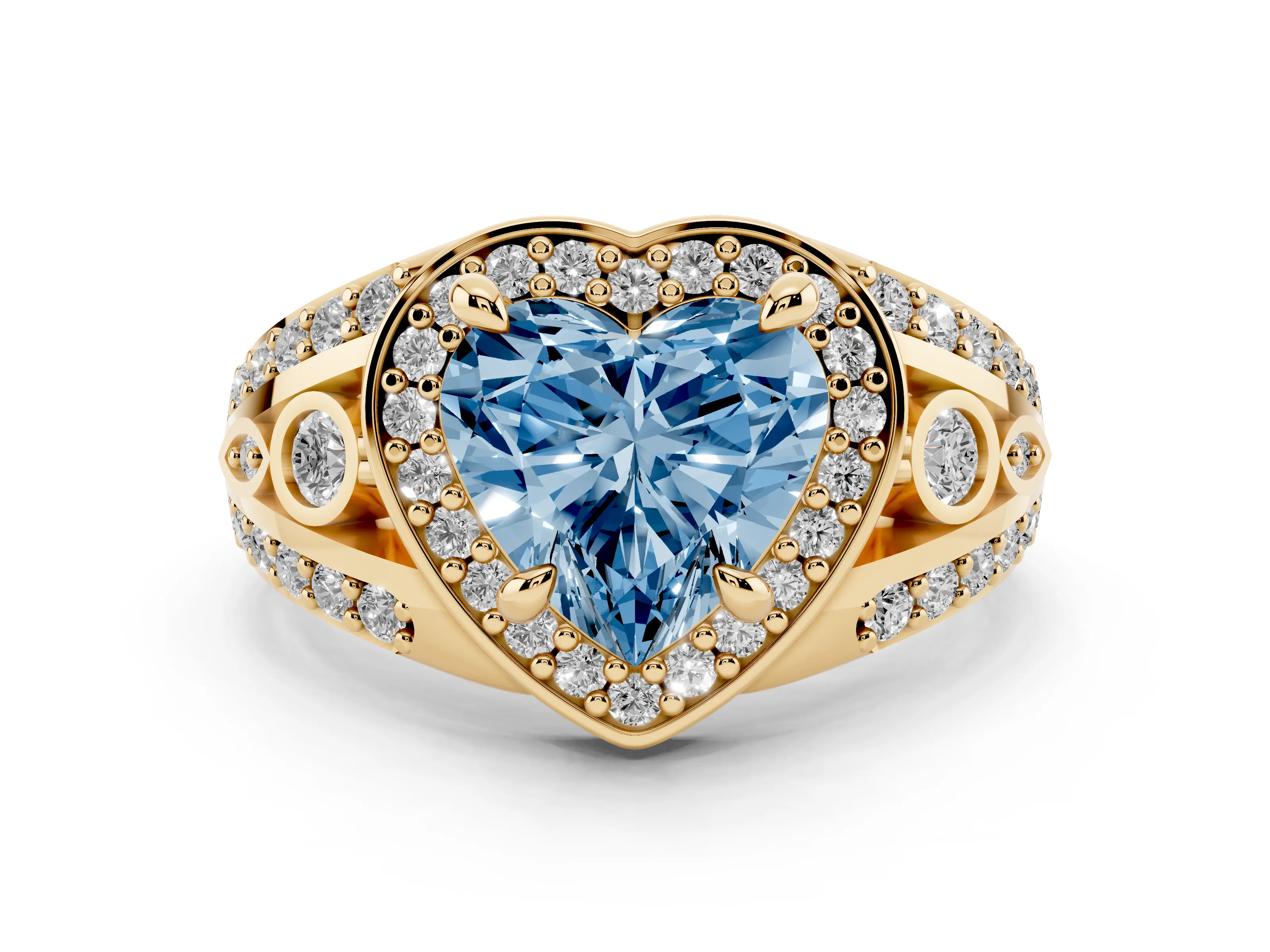 Fancy Blue Heart Cut Diamond Halo Ring Set in Yellow gold with Pavé Split Shank and Bezel Accents