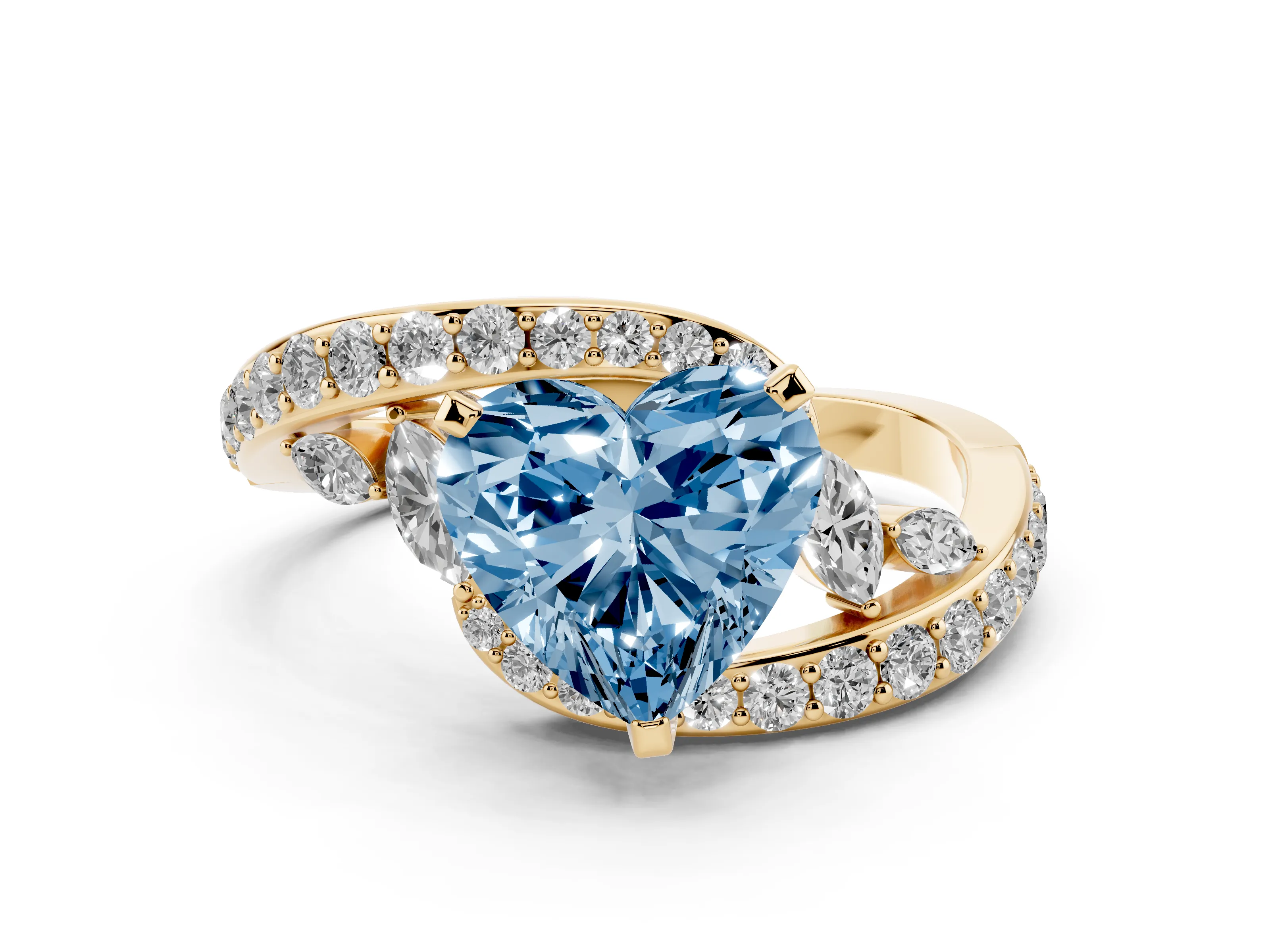 Fancy Blue Heart Cut Diamond Solitaire Ring Set in Yellow gold with Pavé Twist Band and Secure Prong Setting