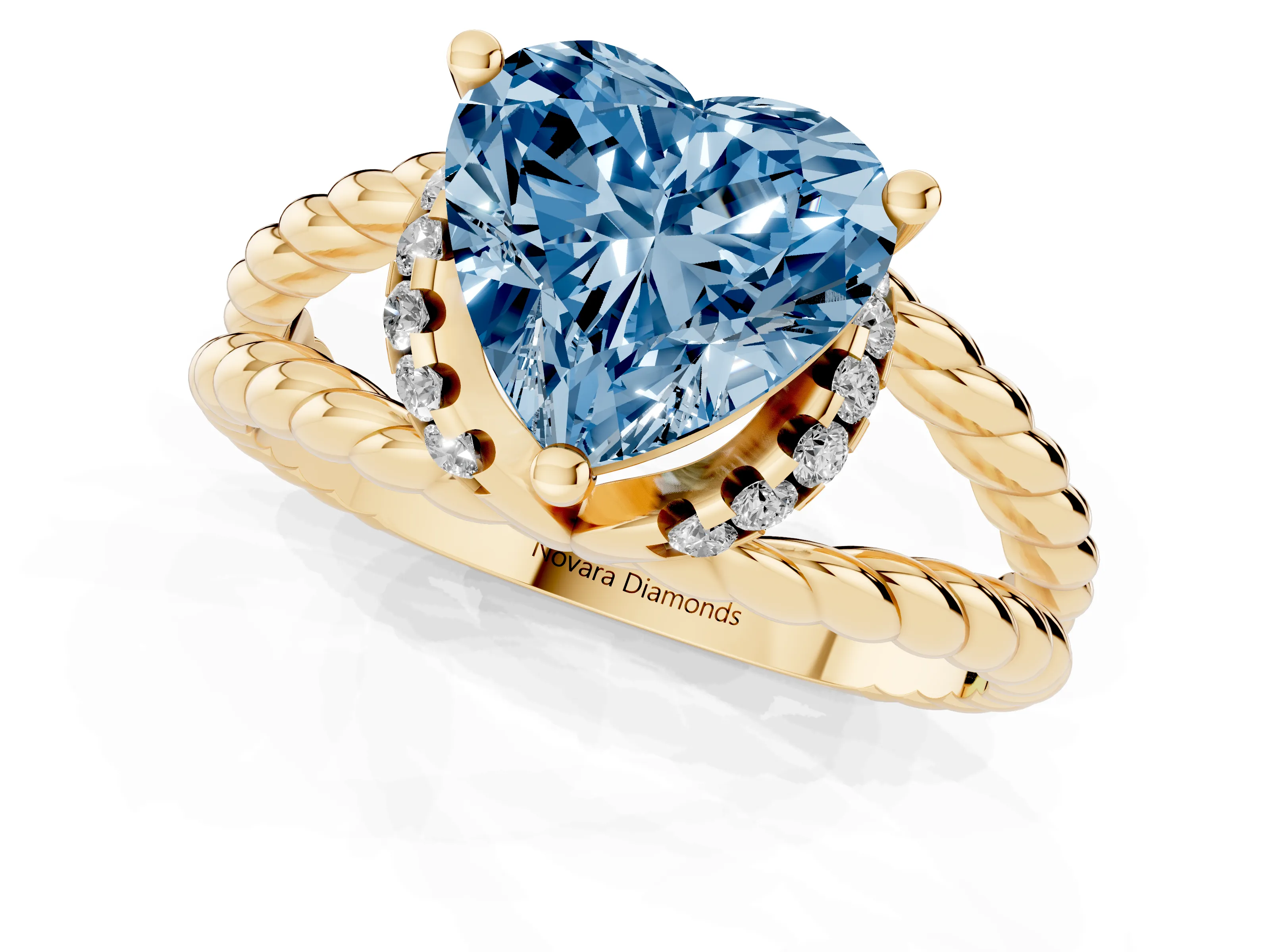 Fancy Blue Heart Cut Diamond Halo Ring Set in Yellow gold with Twisted Band and Prong Setting